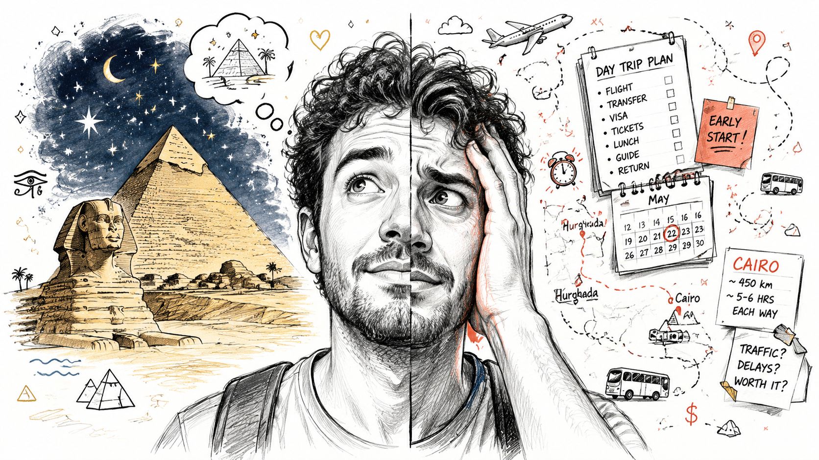 A split composition showing a dreamer envisioning the pyramids versus the stressful planning of a Cairo trip.