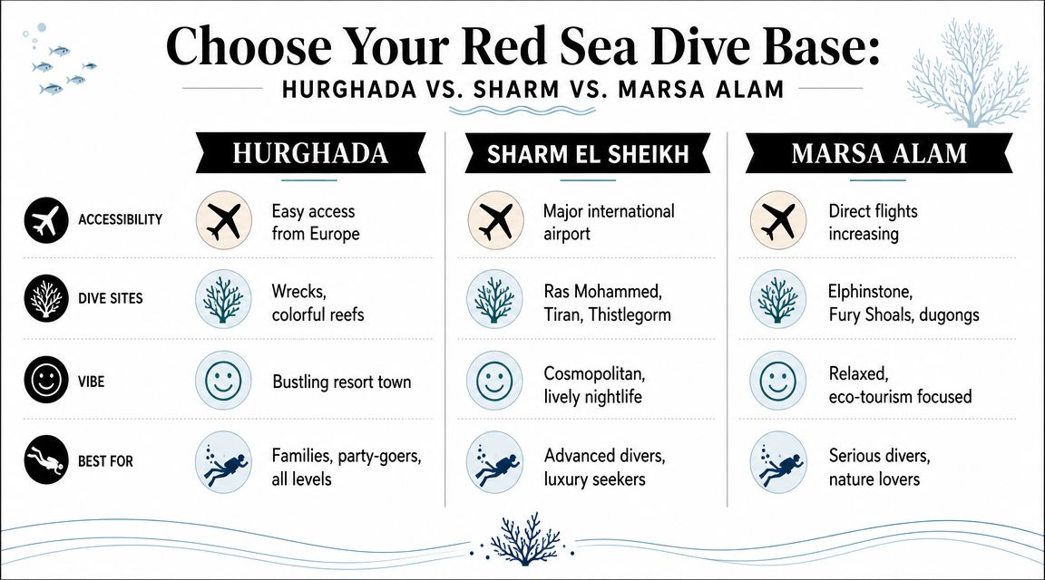 A comparison chart showing features of three Red Sea diving destinations: Hurghada, Sharm El Sheikh, and Marsa Alam.