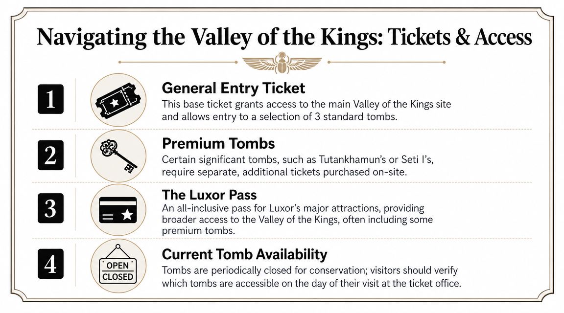 An infographic titled Navigating the Valley of the Kings showing ticket options and access information.