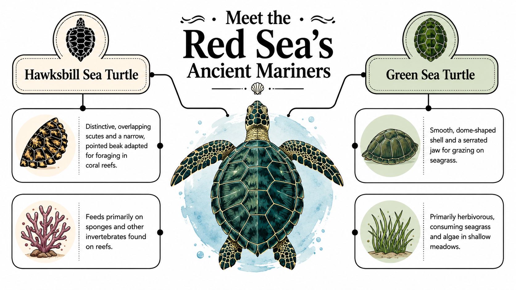 An infographic comparing Hawksbill and Green sea turtles with illustrations of their shells, beaks, and habitats.