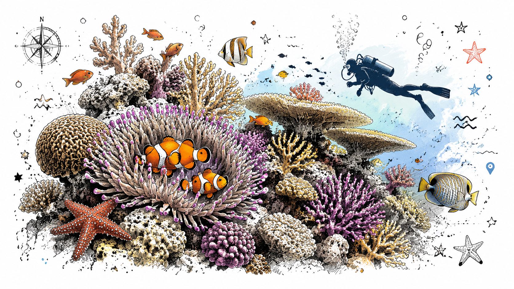 A detailed illustration of a vibrant coral reef scene featuring a scuba diver exploring underwater life.