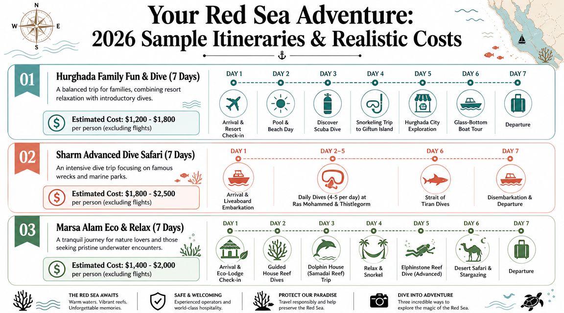 An infographic outlining three sample 7-day Red Sea travel itineraries with estimated costs and activity schedules.