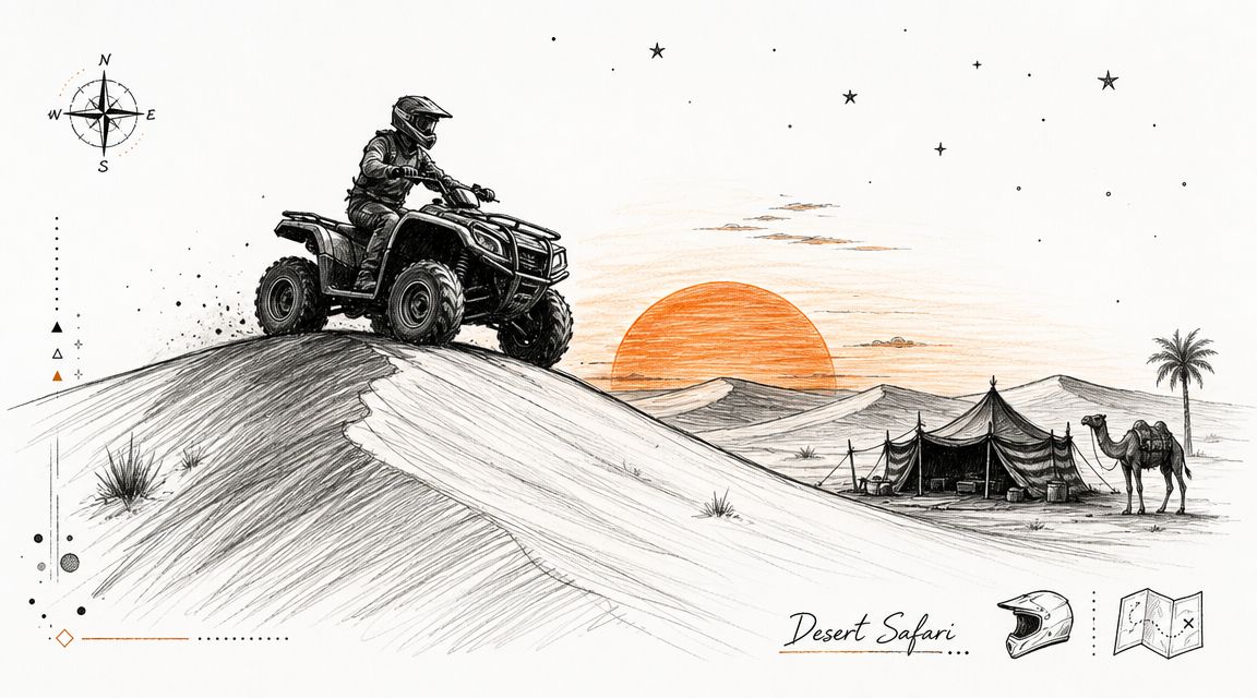 A black and white pencil sketch of a person riding an ATV over a sand dune at sunset.
