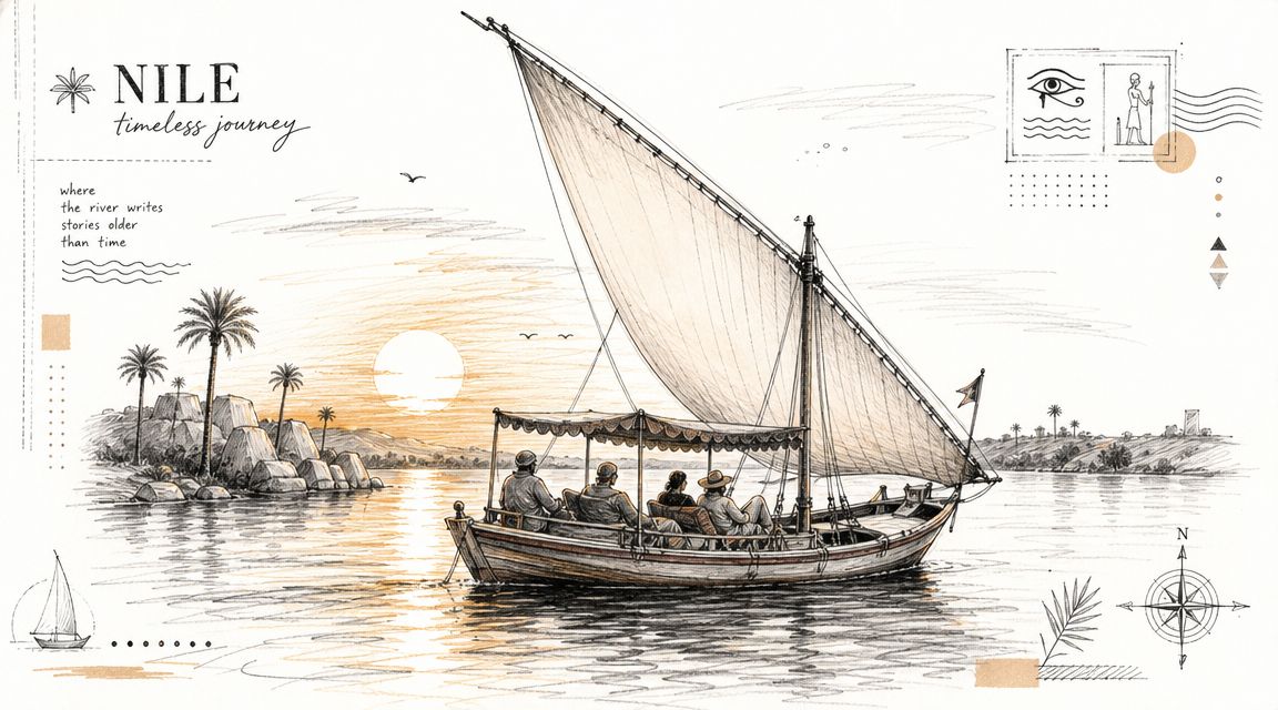 A scenic ink sketch illustration of a felucca sailboat carrying passengers on the Nile river at sunset.