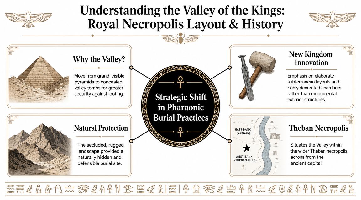 An infographic titled Understanding the Valley of the Kings, explaining historical shifts in Egyptian burial practices and architecture.