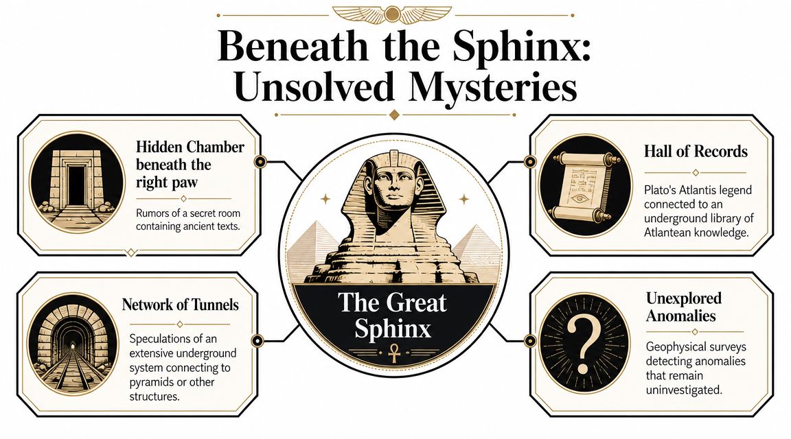 An infographic titled Beneath the Sphinx: Unsolved Mysteries illustrating four theories about underground structures beneath the Sphinx.