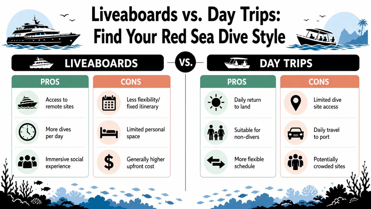 An infographic comparing pros and cons of liveaboard boat trips versus daily boat trips for Red Sea diving.