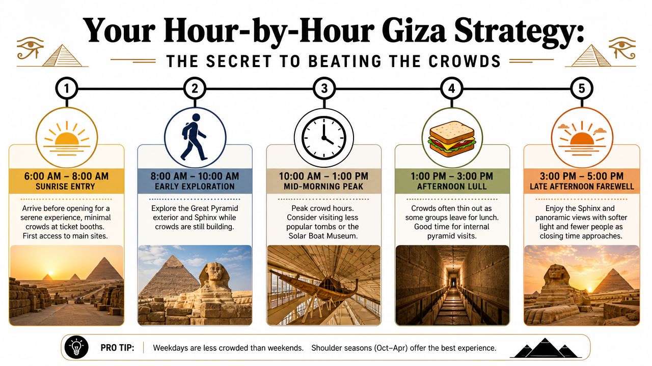 A detailed hour-by-hour infographic guide for visiting the Giza pyramids to effectively avoid large tourist crowds.