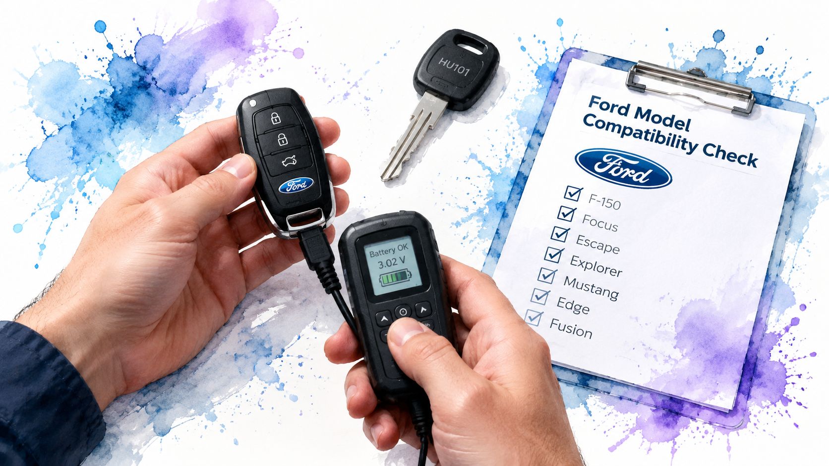A person tests a Ford key fob with a diagnostic tool next to a compatibility checklist.