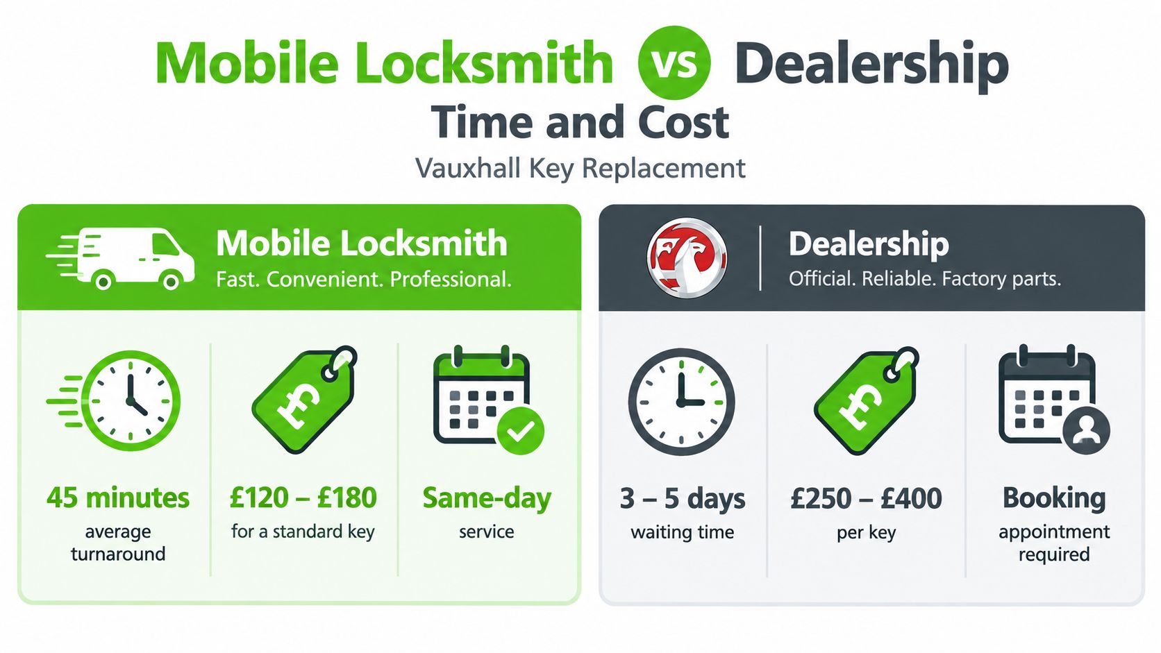 A comparison infographic showing time and cost differences between mobile locksmiths and dealerships for Vauxhall key replacement.