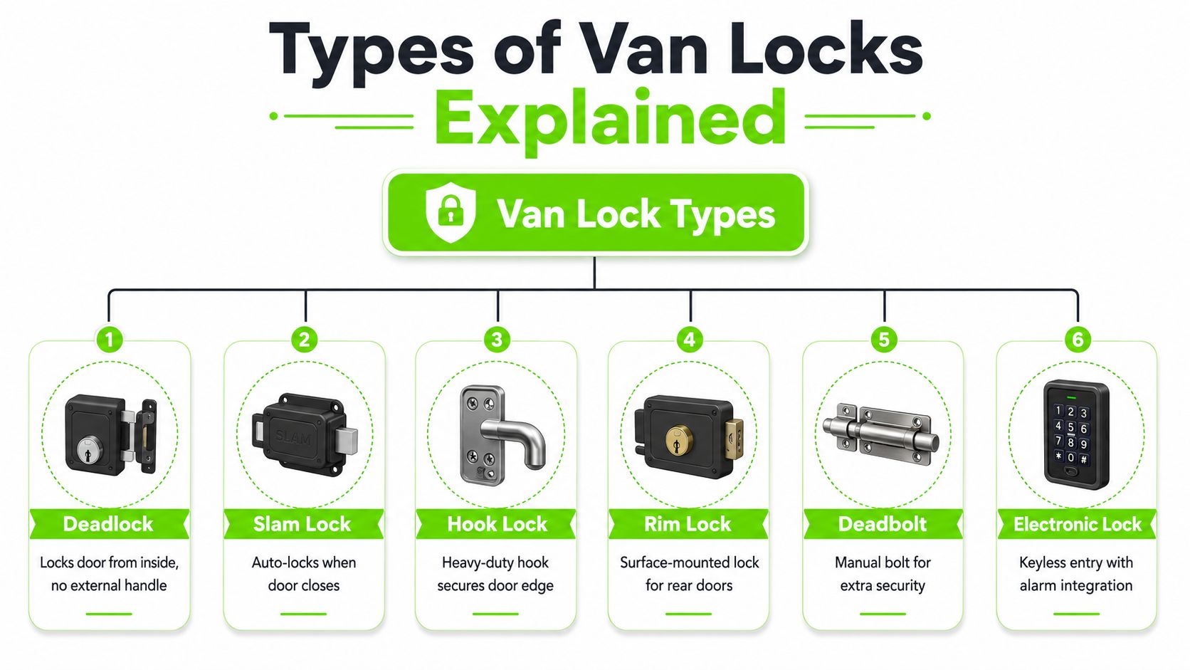 An infographic showing six different types of van locks with labels and brief descriptions for each.