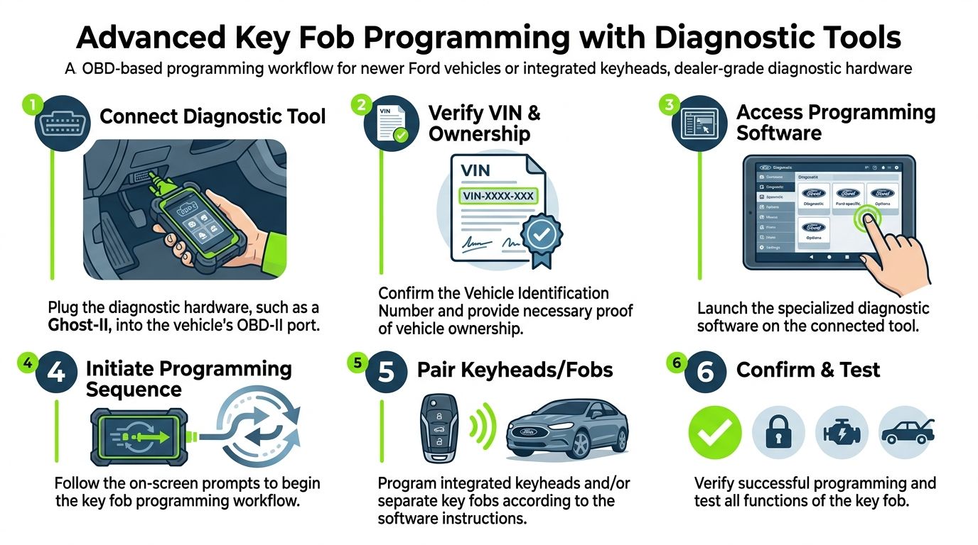 A six-step infographic illustrating the professional workflow for programming a Ford key fob using diagnostic tools.