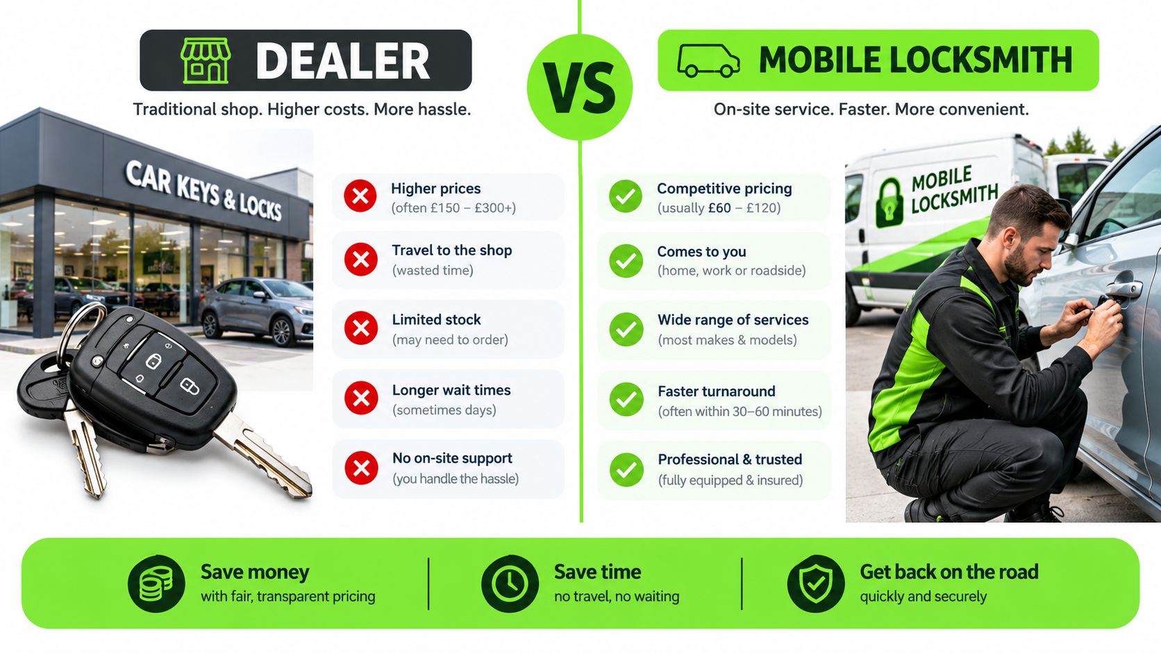 A comparison infographic between using a traditional car dealer and a professional mobile locksmith for key replacement.