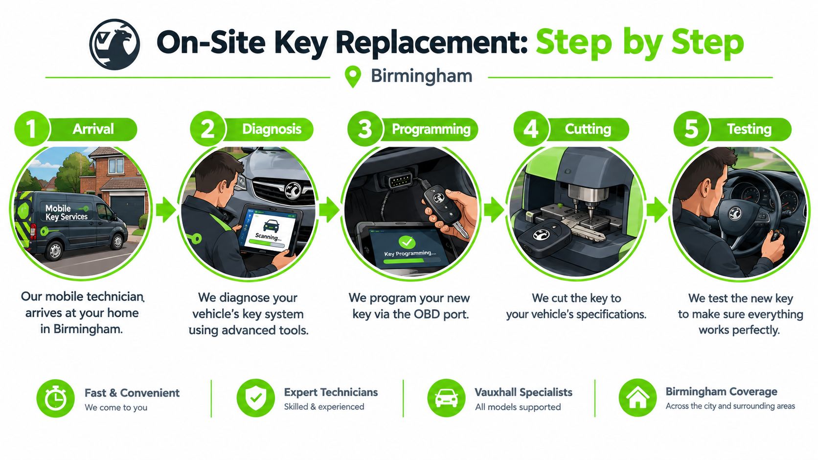 A five-step infographic showing the mobile car key replacement service process for Vauxhall vehicles in Birmingham.