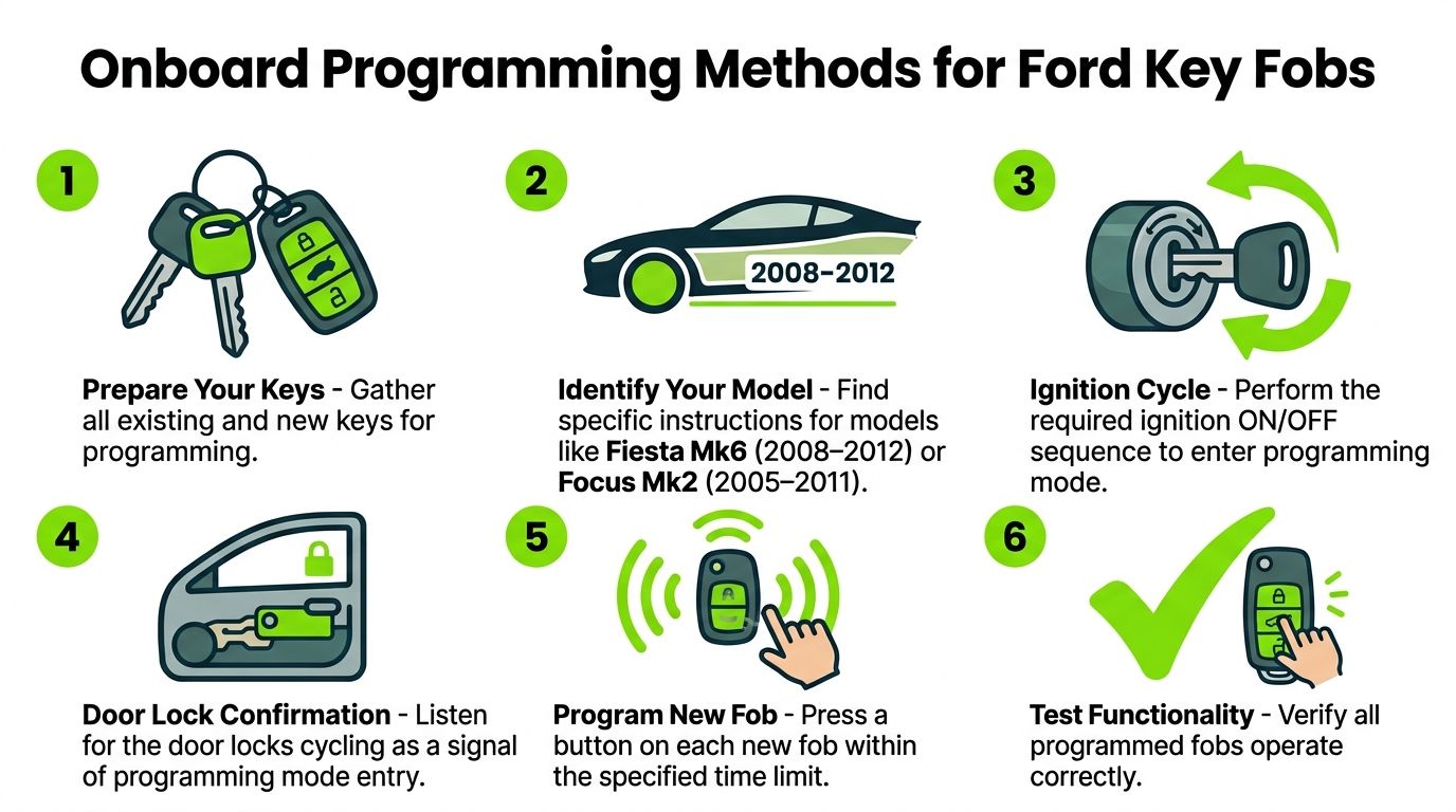 A six-step infographic showing the process for onboard programming of Ford vehicle key fobs.