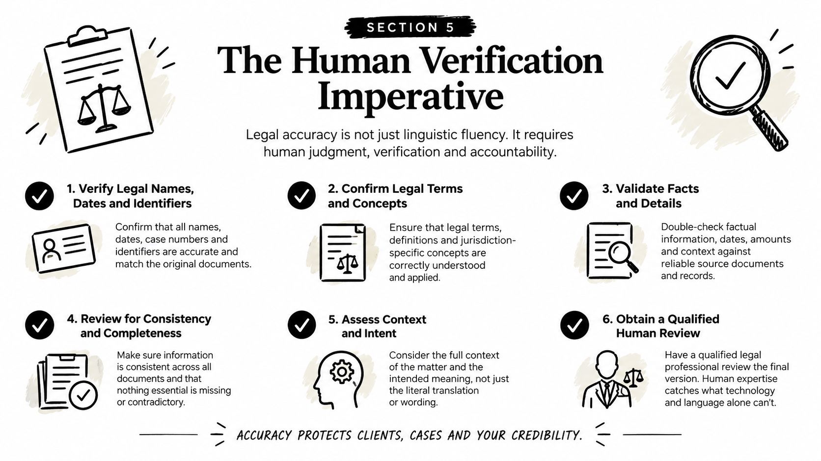 An infographic titled The Human Verification Imperative outlining six essential steps for verifying legal document accuracy.