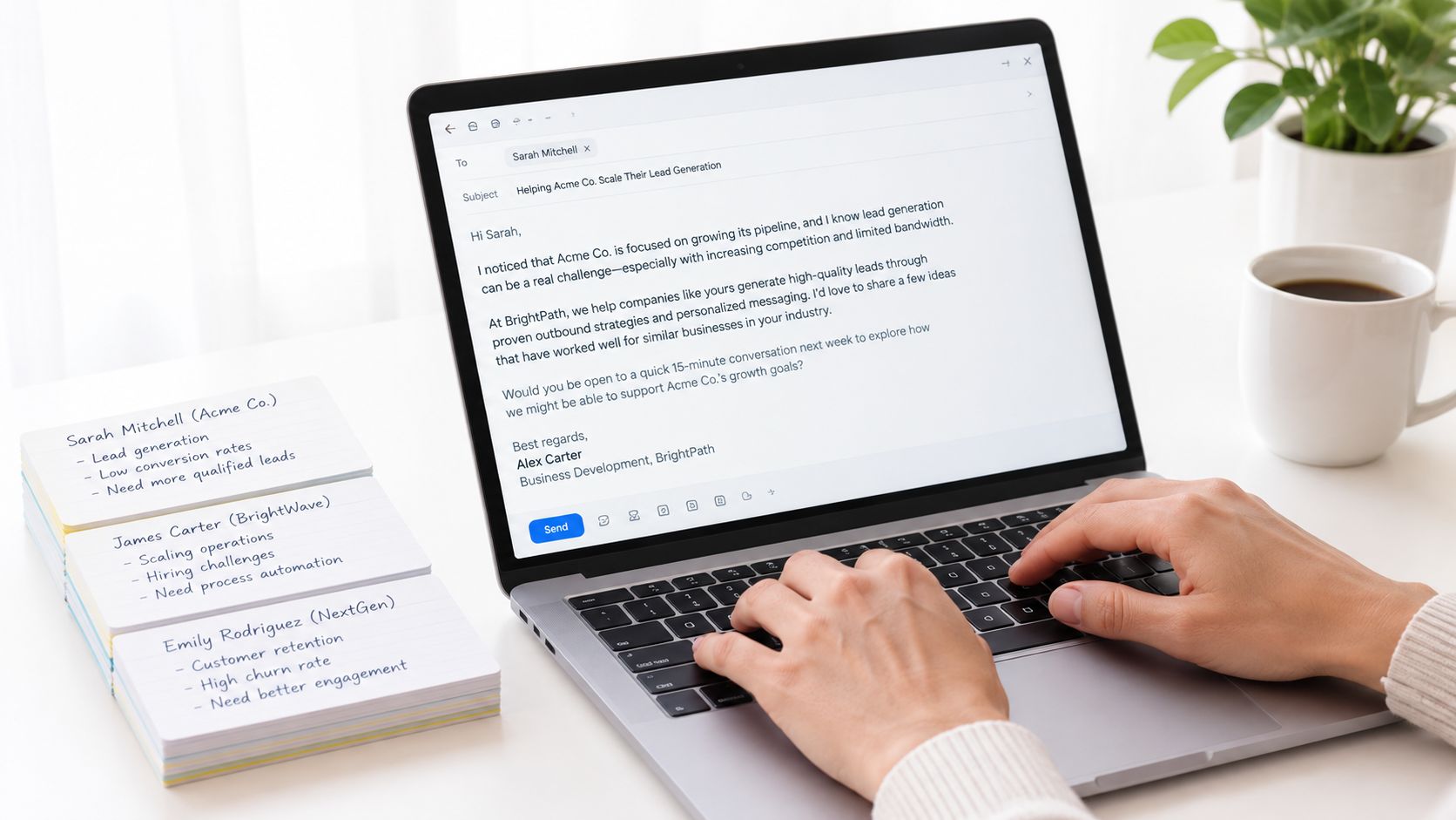 A person composing a professional outreach email on a laptop next to stacked contact notes on a desk.