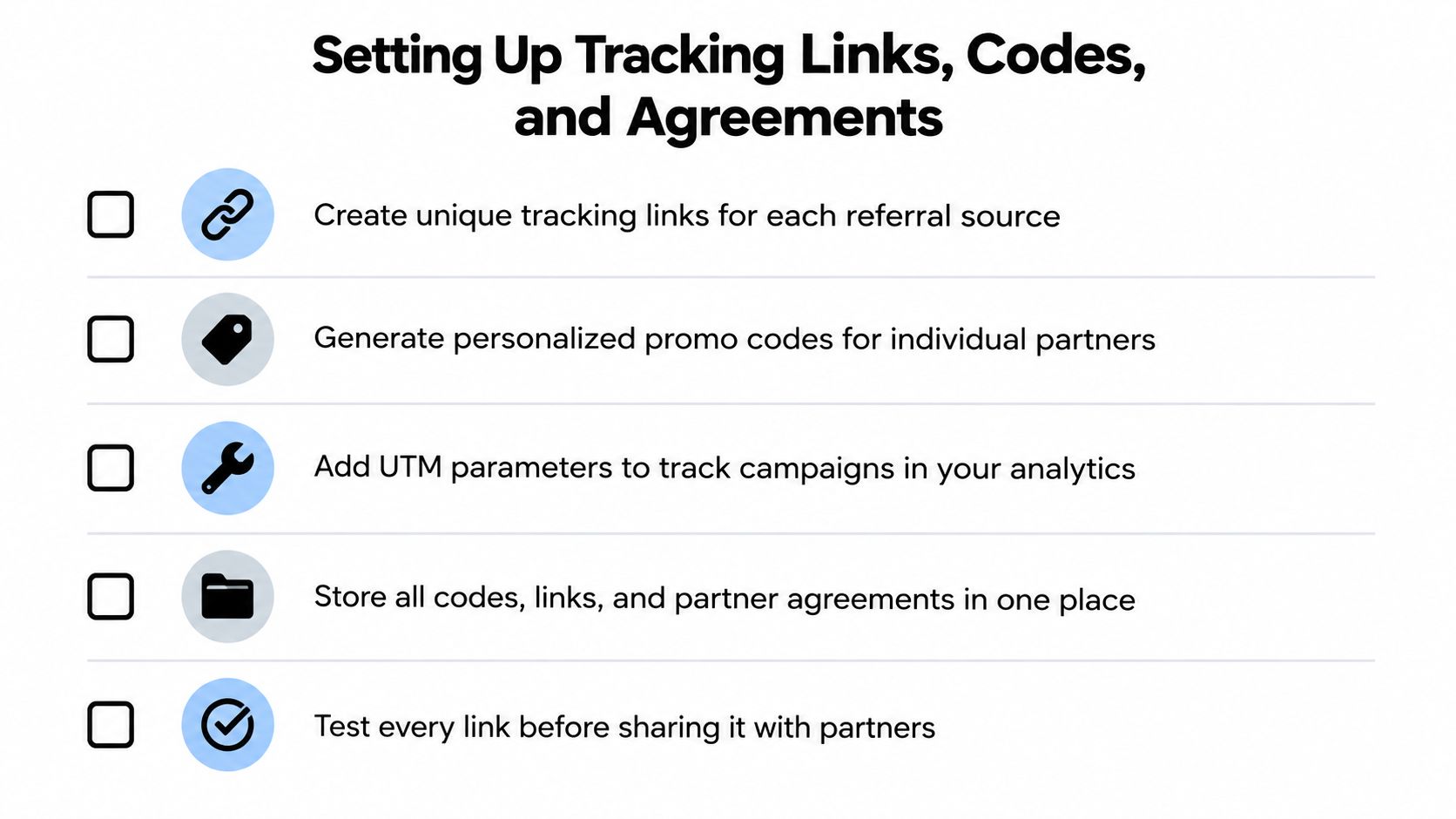 A checklist for setting up referral tracking links, promo codes, and partner agreements for business marketing.
