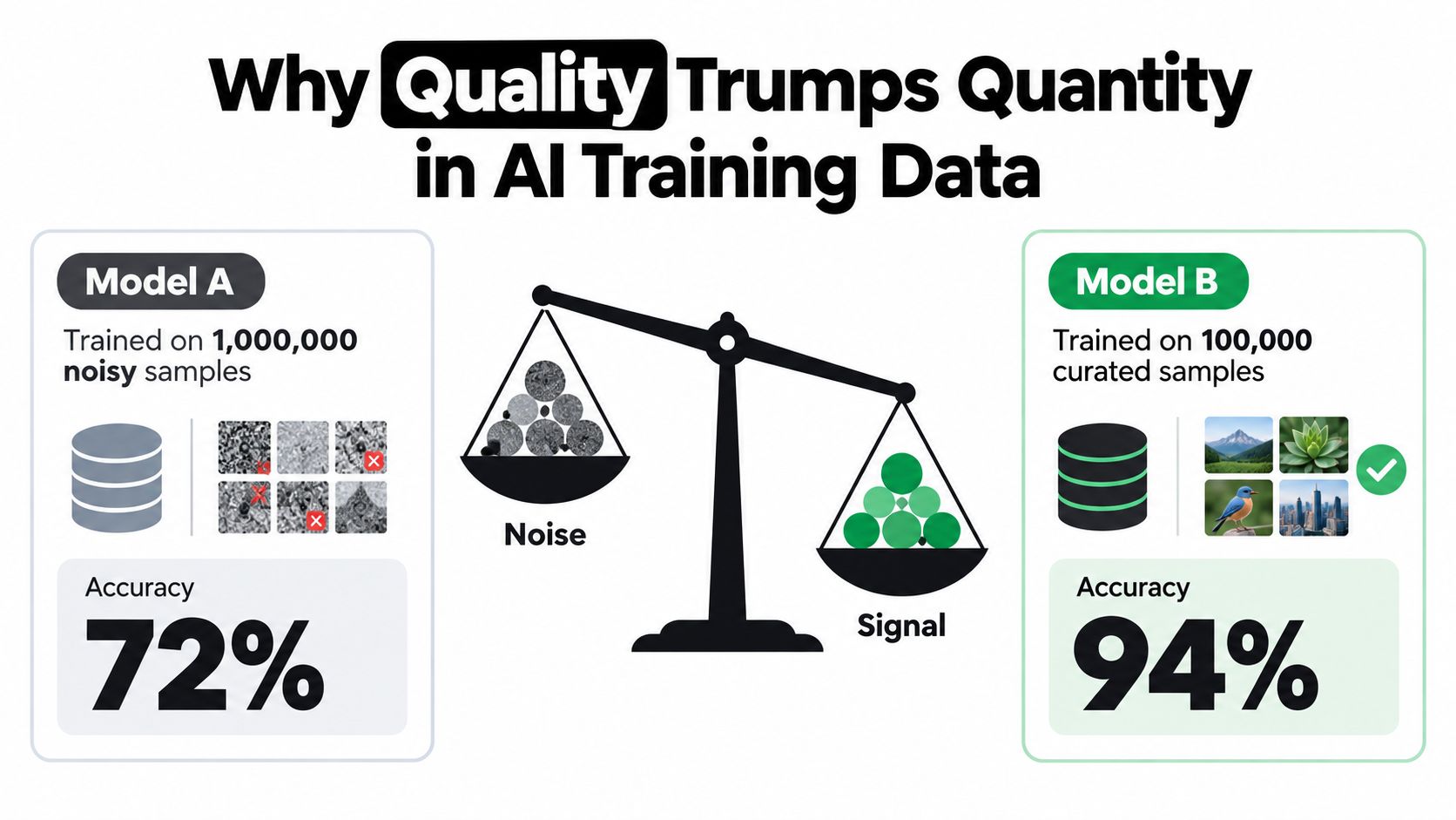 An infographic showing that AI models perform better with fewer, high-quality curated data samples.