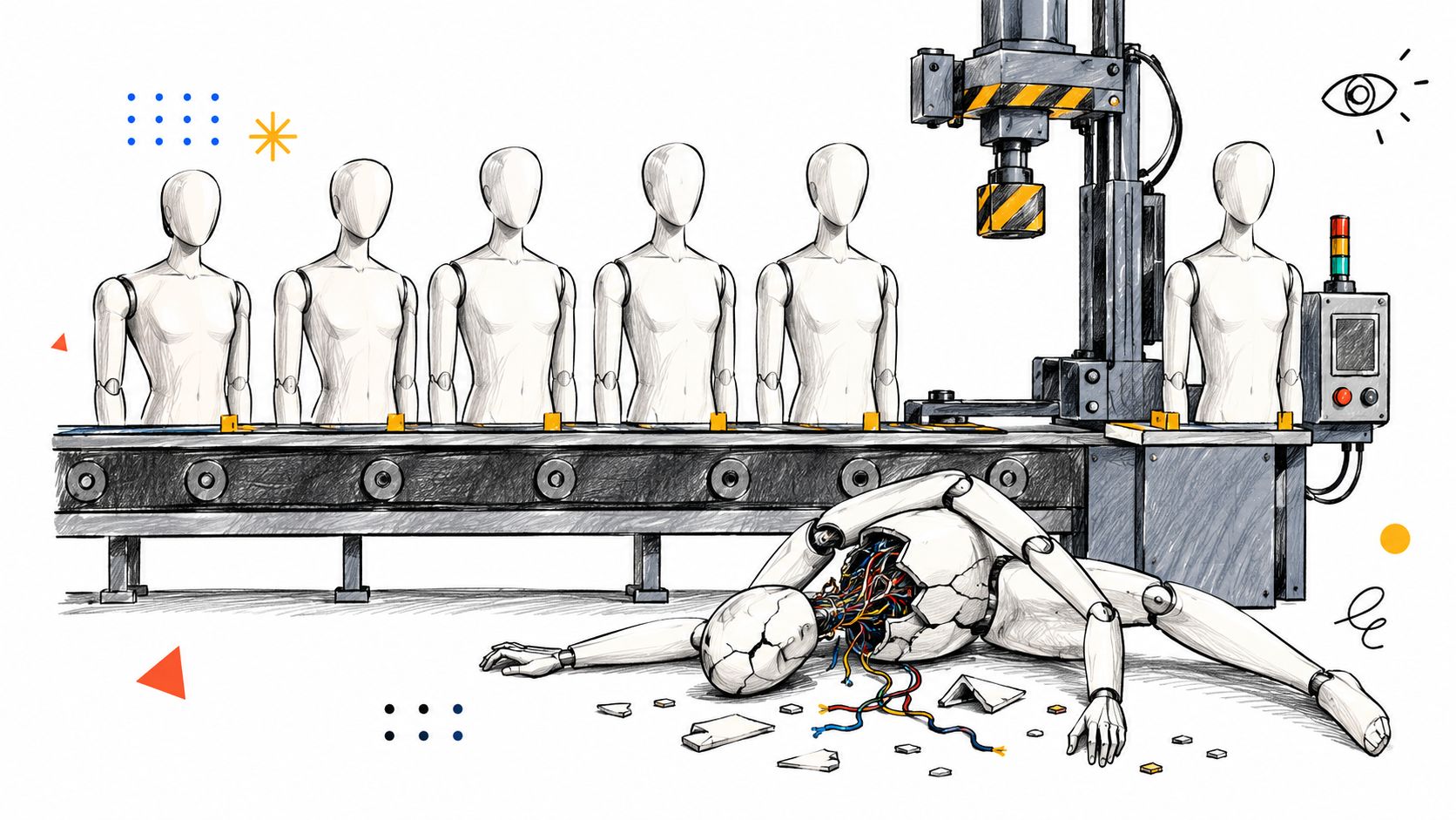 A line of identical mannequins on a conveyor belt with a broken robot lying on the floor.