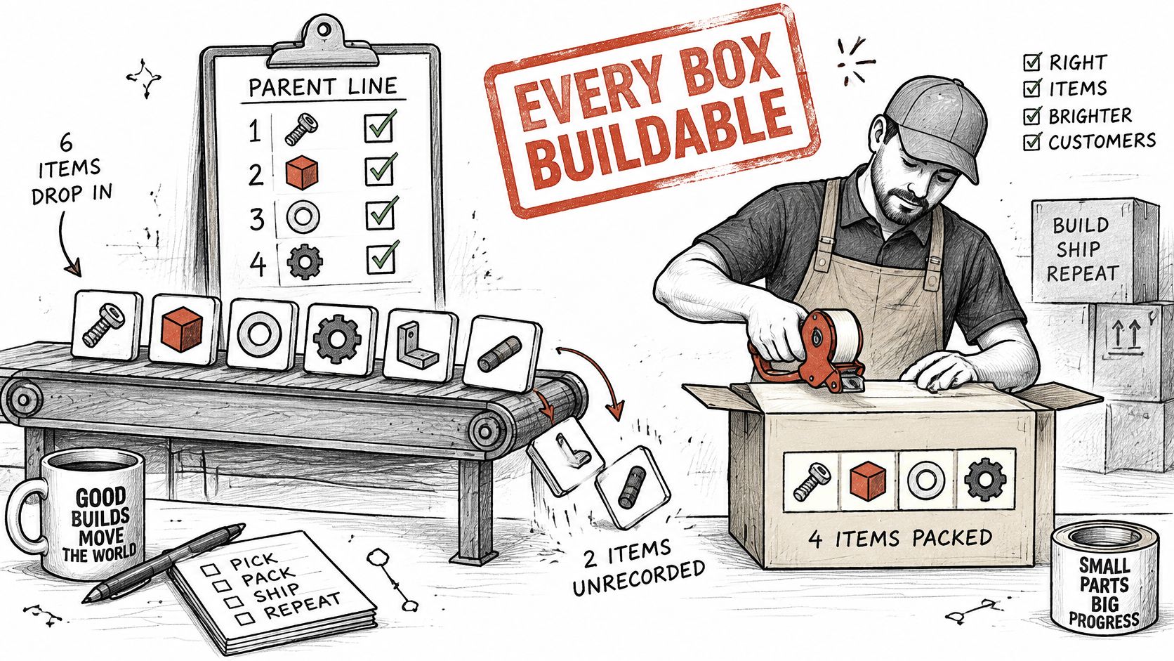 A worker packing a box with specific parts as indicated on a clipboard checklist in a factory.
