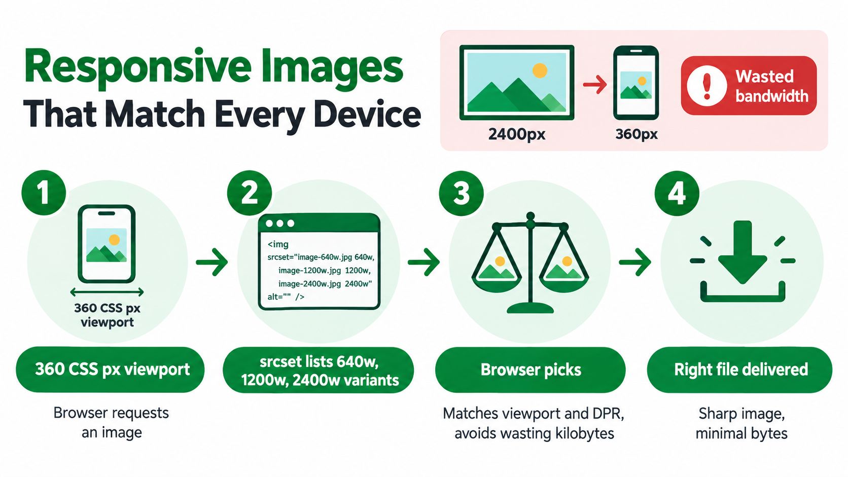 An infographic illustrating how responsive images automatically adjust file sizes to match various device viewport widths.