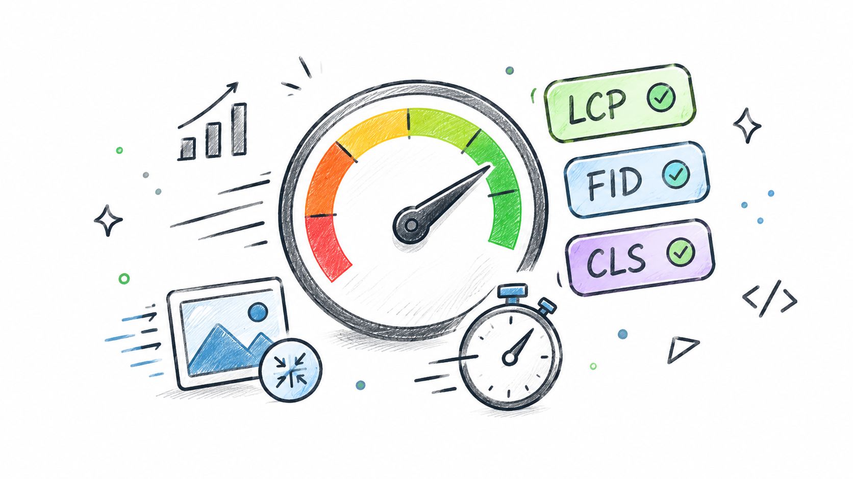 A hand-drawn illustration showing a speed gauge, metrics for LCP, FID, and CLS, and various optimization icons.