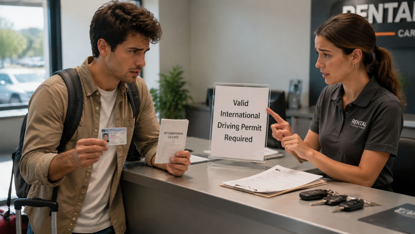 A rental car agent points to a sign requiring an international driving permit while a customer holds documentation.