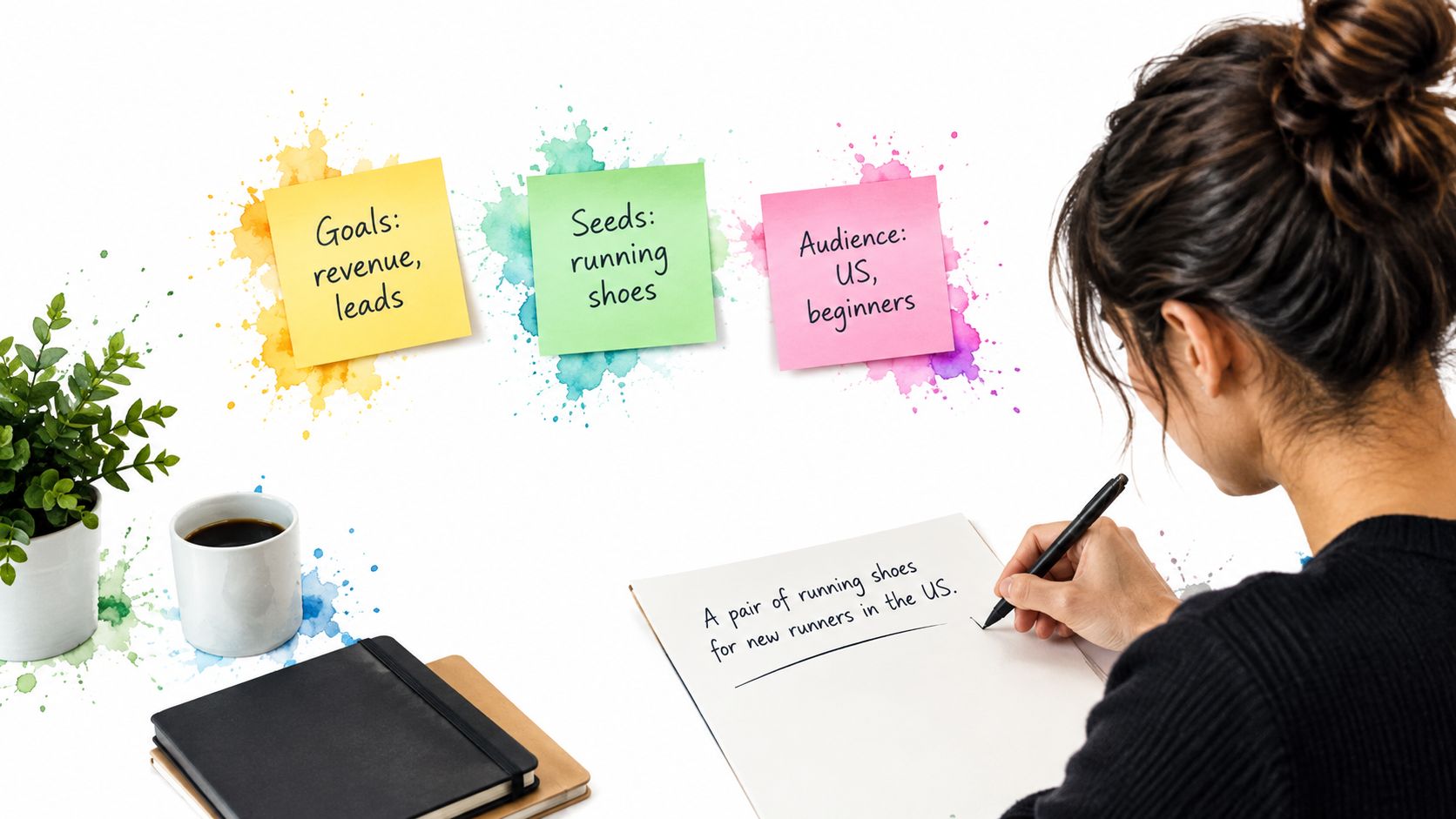 A person writing a marketing strategy note at a desk with goal setting sticky notes nearby.