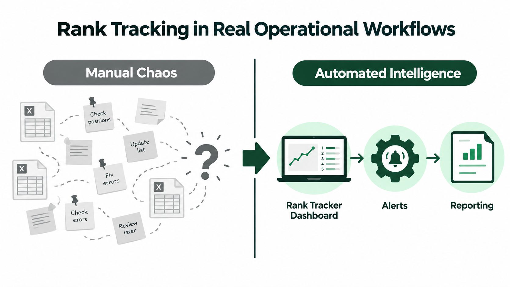 A diagram contrasting messy manual SEO rank tracking tasks with a streamlined, automated software workflow solution.
