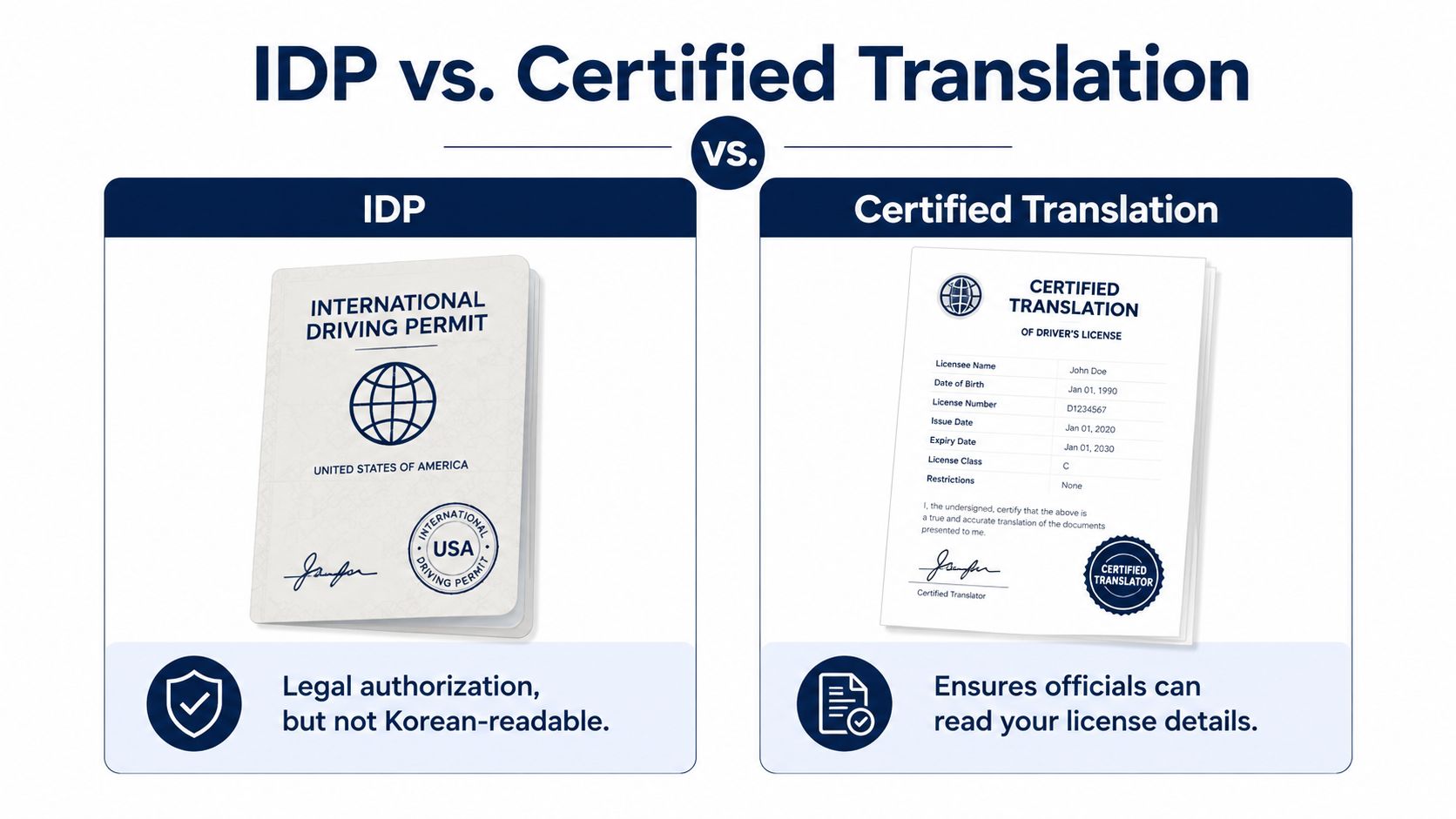 A comparison chart explaining the differences between an International Driving Permit and a certified translation for licenses.