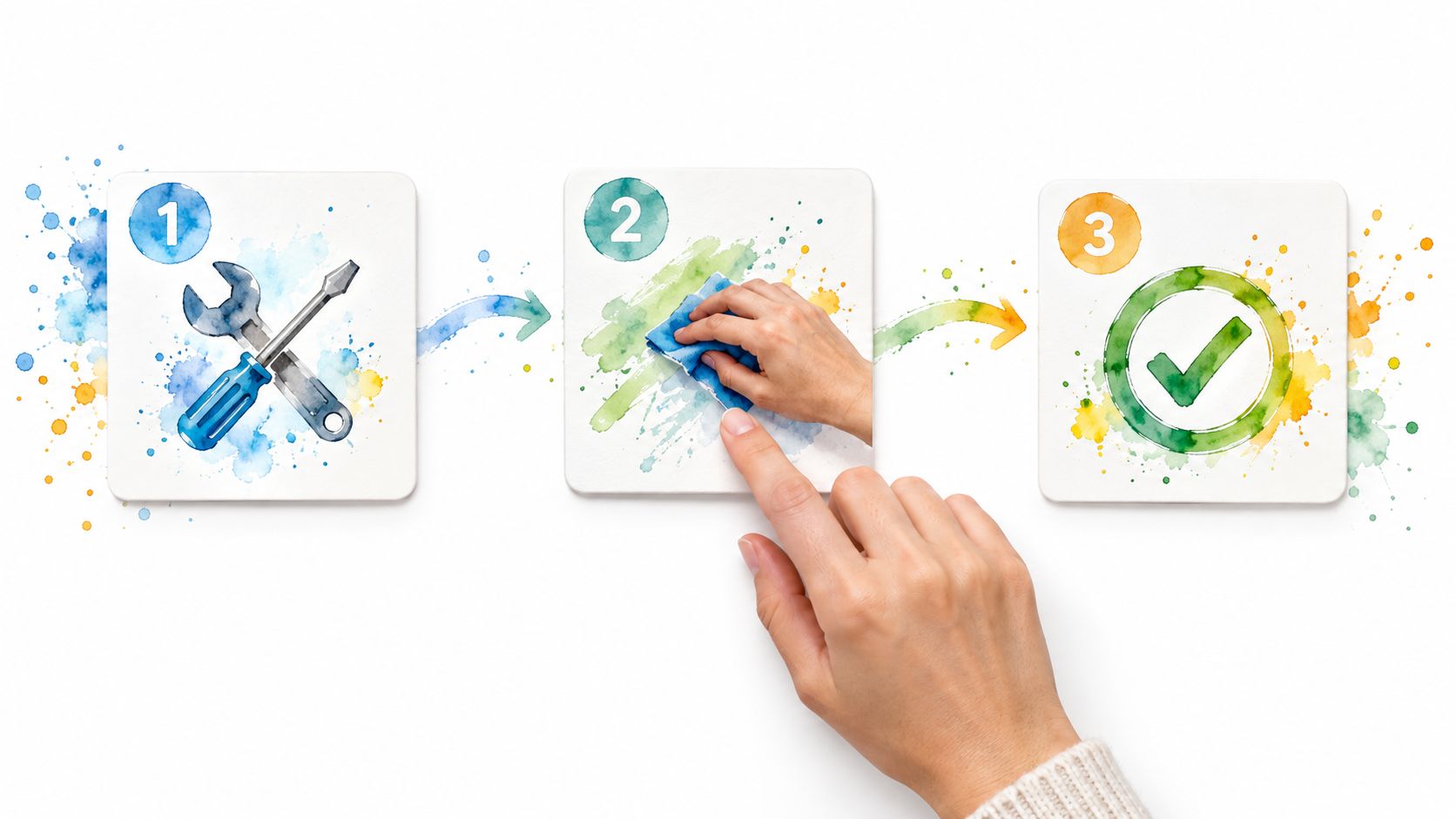 A three-step infographic showing a process of repairing, cleaning, and completing a task with watercolor icons.