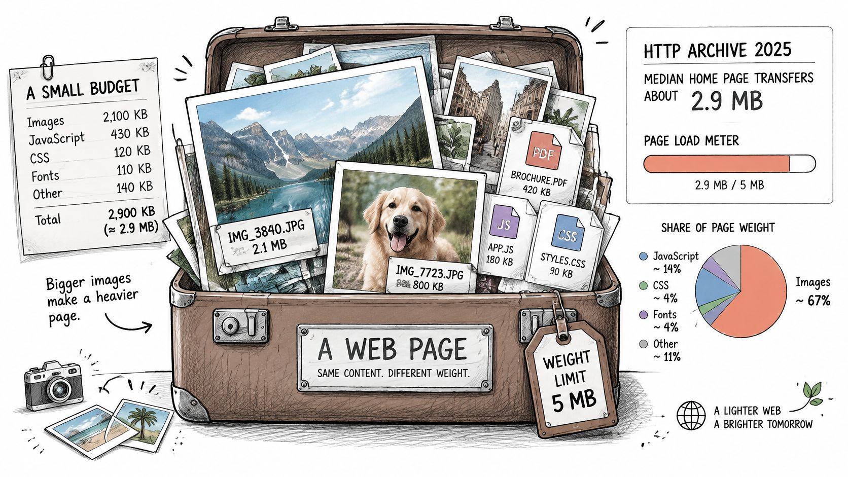 A suitcase illustration depicting web page file size composition with image, script, and font distribution breakdown.