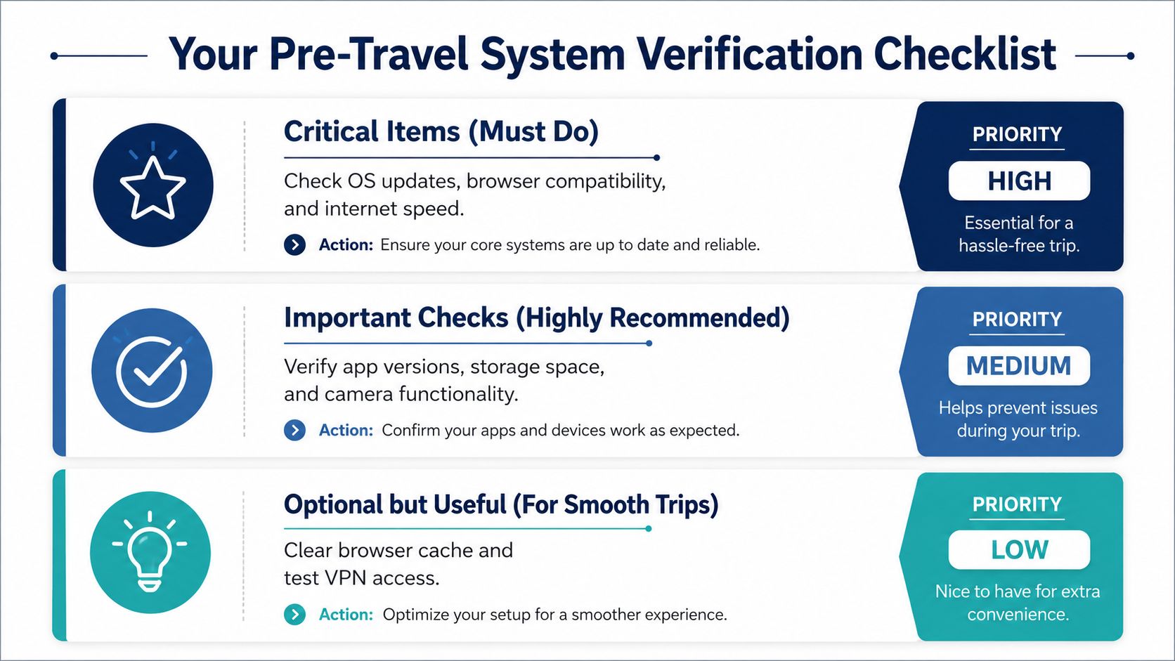 A checklist infographic titled Your Pre-Travel System Verification Checklist detailing high, medium, and low priority technical system preparations.