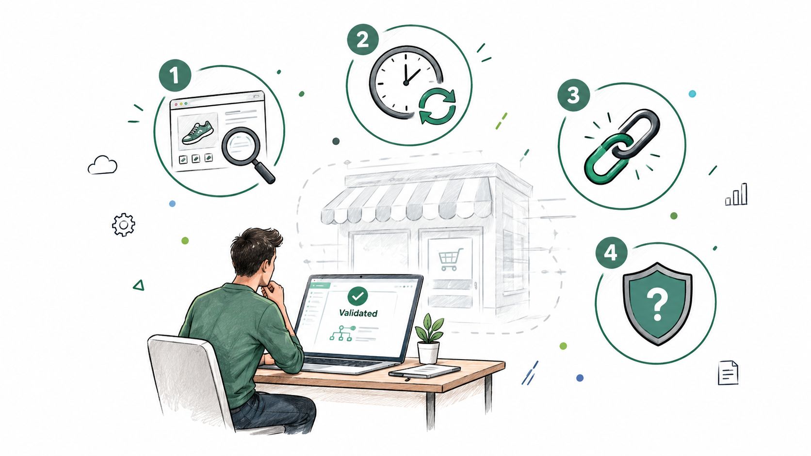 A person sitting at a desk using a laptop with icons showing shopify schema app development steps.