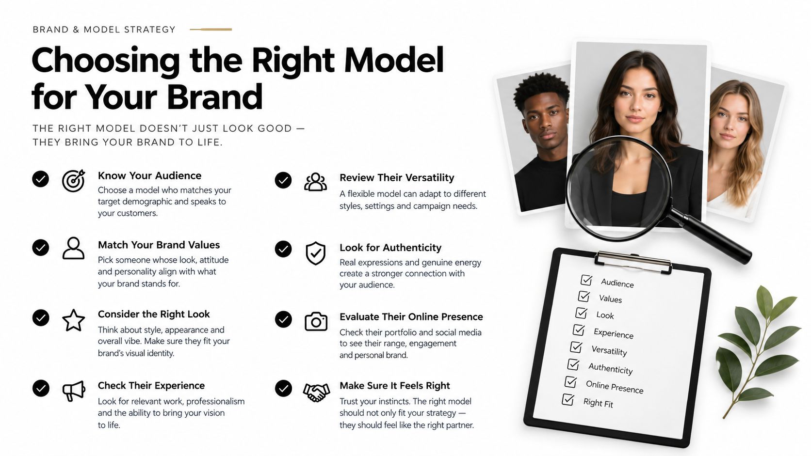 A professional guide illustrating key factors for choosing the right model to represent your specific brand strategy.