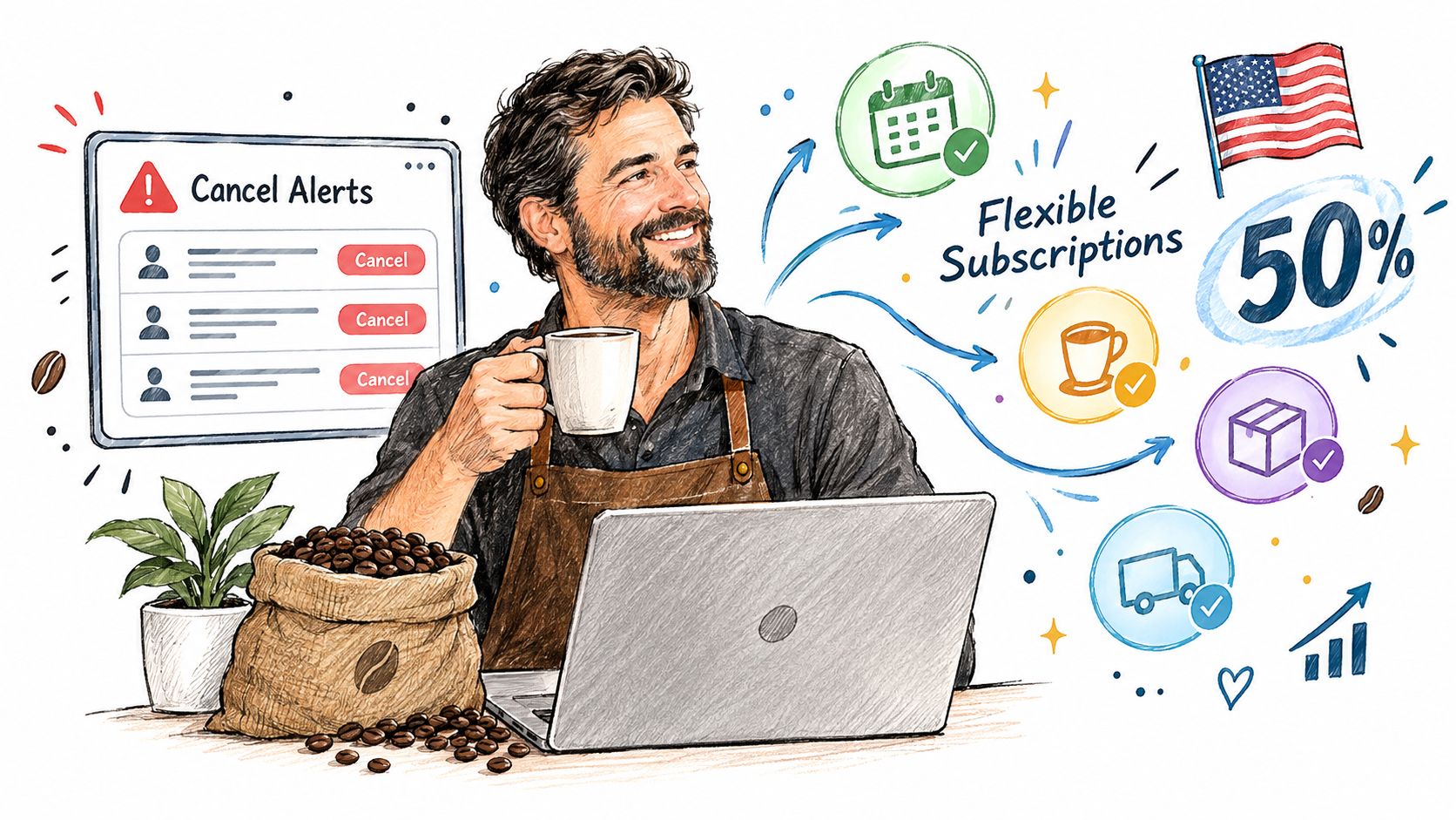 A man wearing an apron holds a coffee mug while working on his laptop with subscription icons nearby.