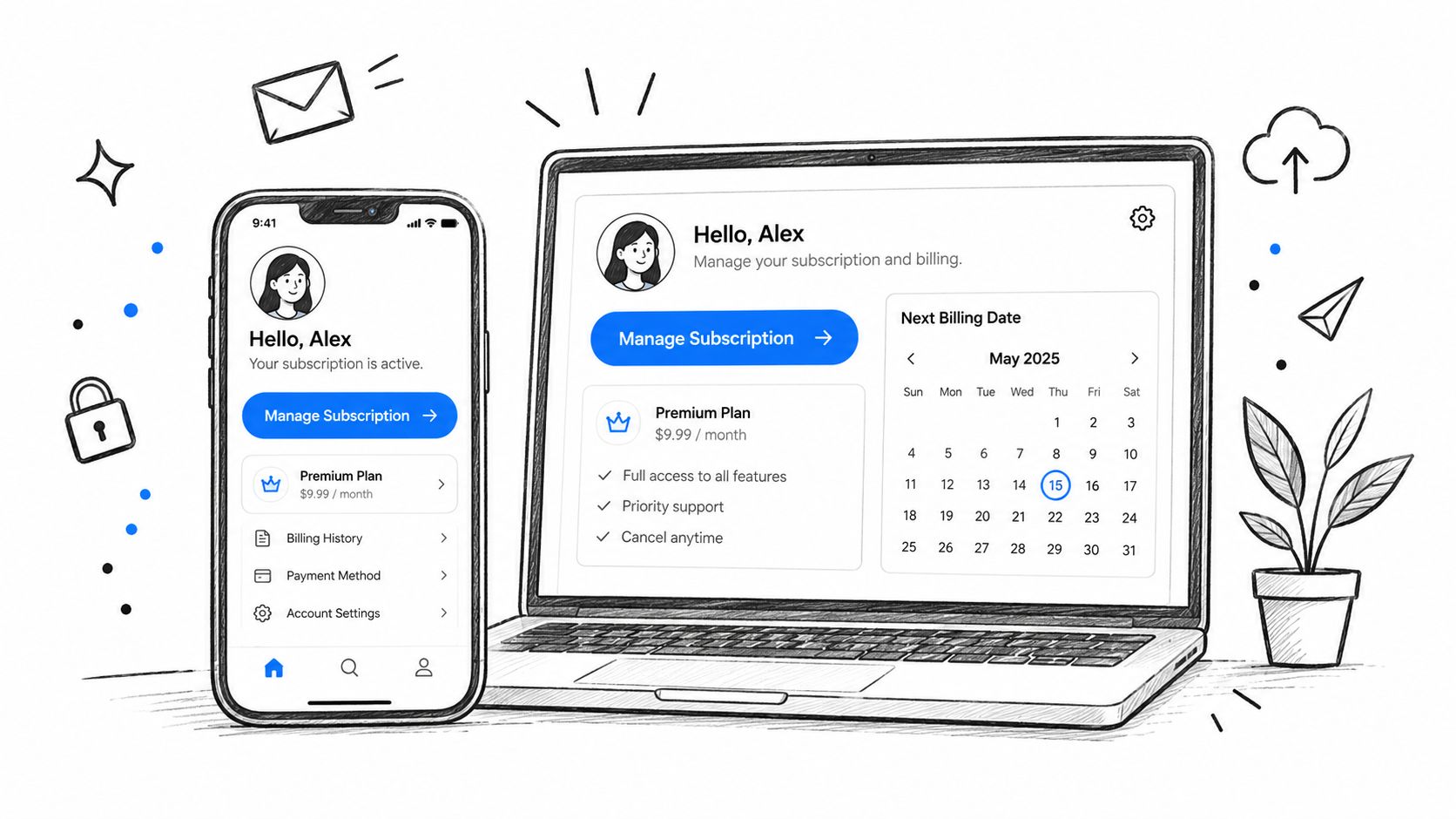 A digital illustration showing a mobile phone and laptop displaying a user subscription management account for Alex.
