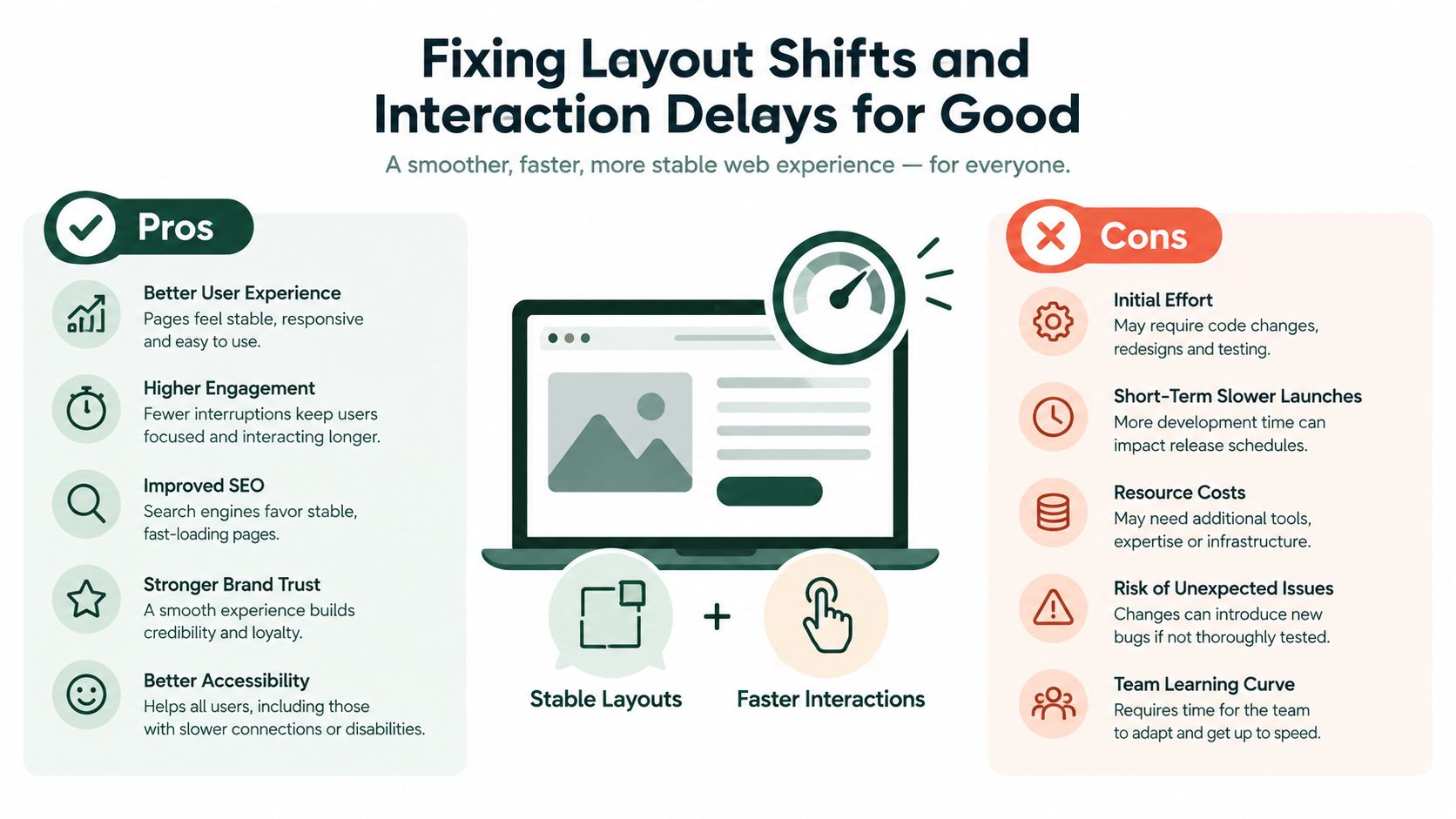 An infographic comparing the pros and cons of optimizing website layout stability and interaction speed.