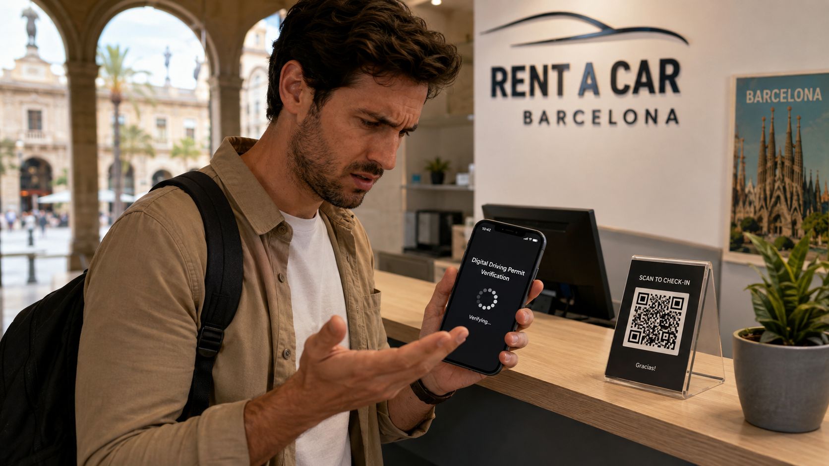 A man looking frustrated at his smartphone while standing at a car rental desk in Barcelona.