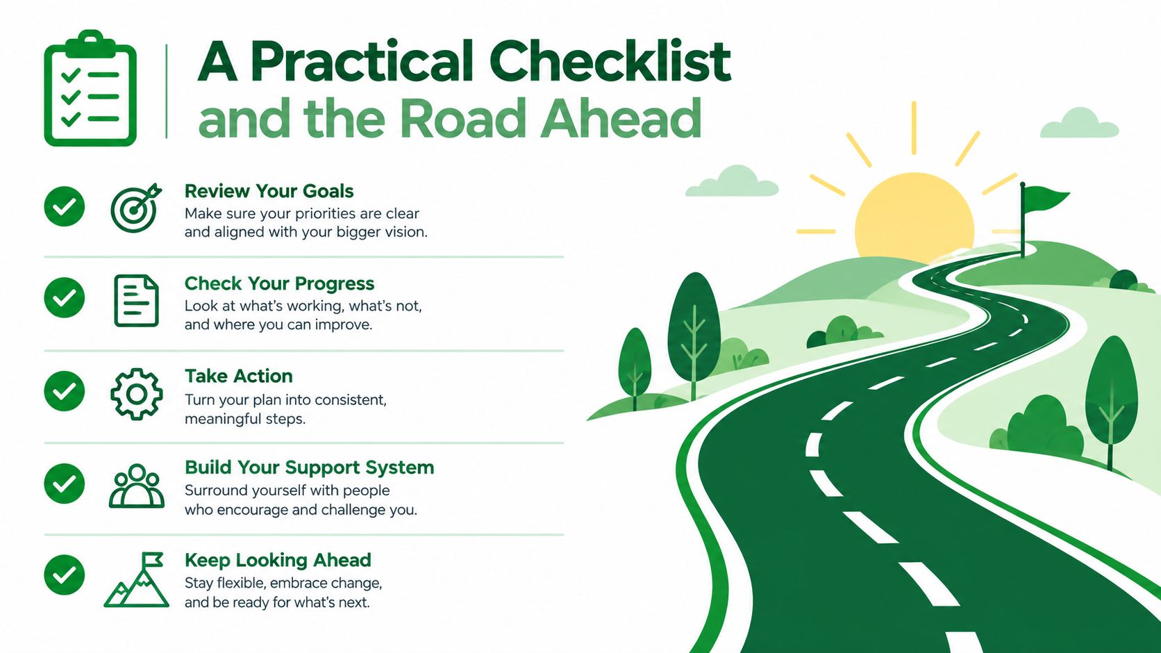 A conceptual graphic illustrating a step-by-step checklist for achieving goals on a road towards a bright sunrise.