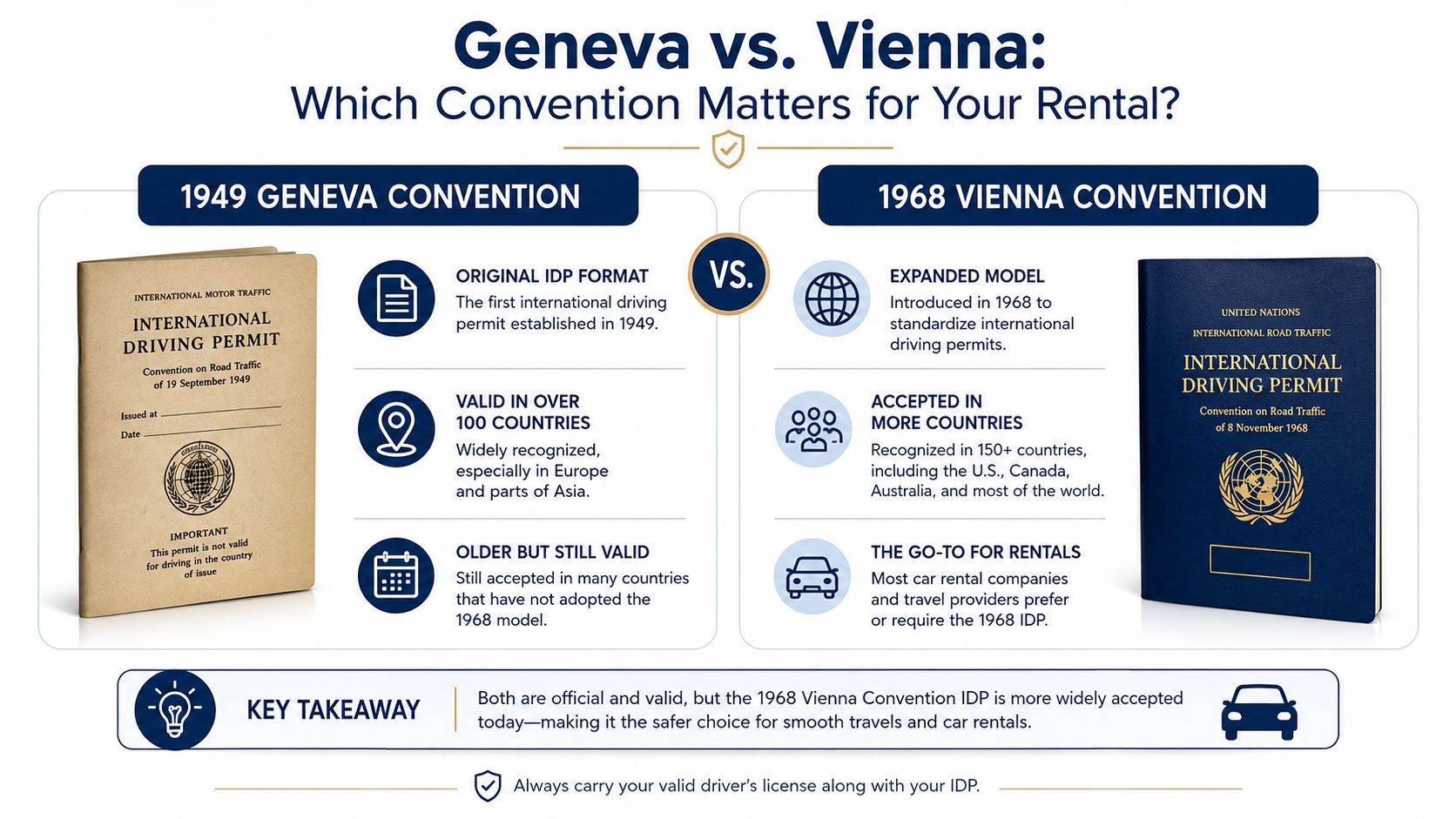 An infographic comparing the 1949 Geneva and 1968 Vienna International Driving Permits for car rental purposes.