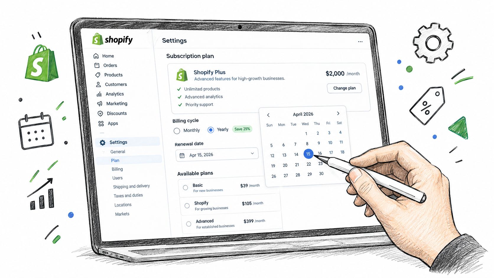 A digital sketch of a person using a stylus on a laptop screen displaying Shopify billing settings.