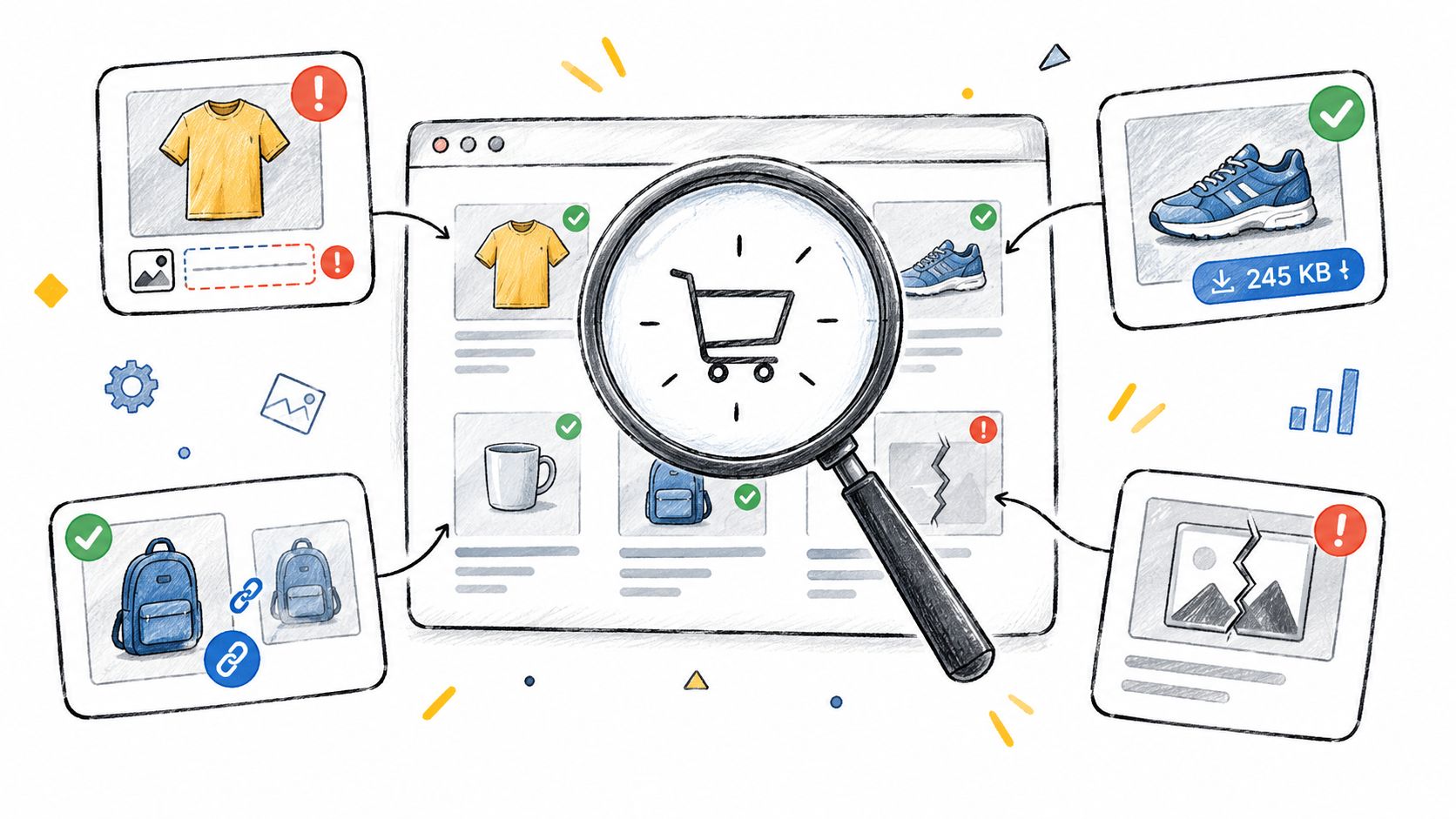A magnifying glass inspecting e-commerce product listings with icons indicating healthy and broken images and links.
