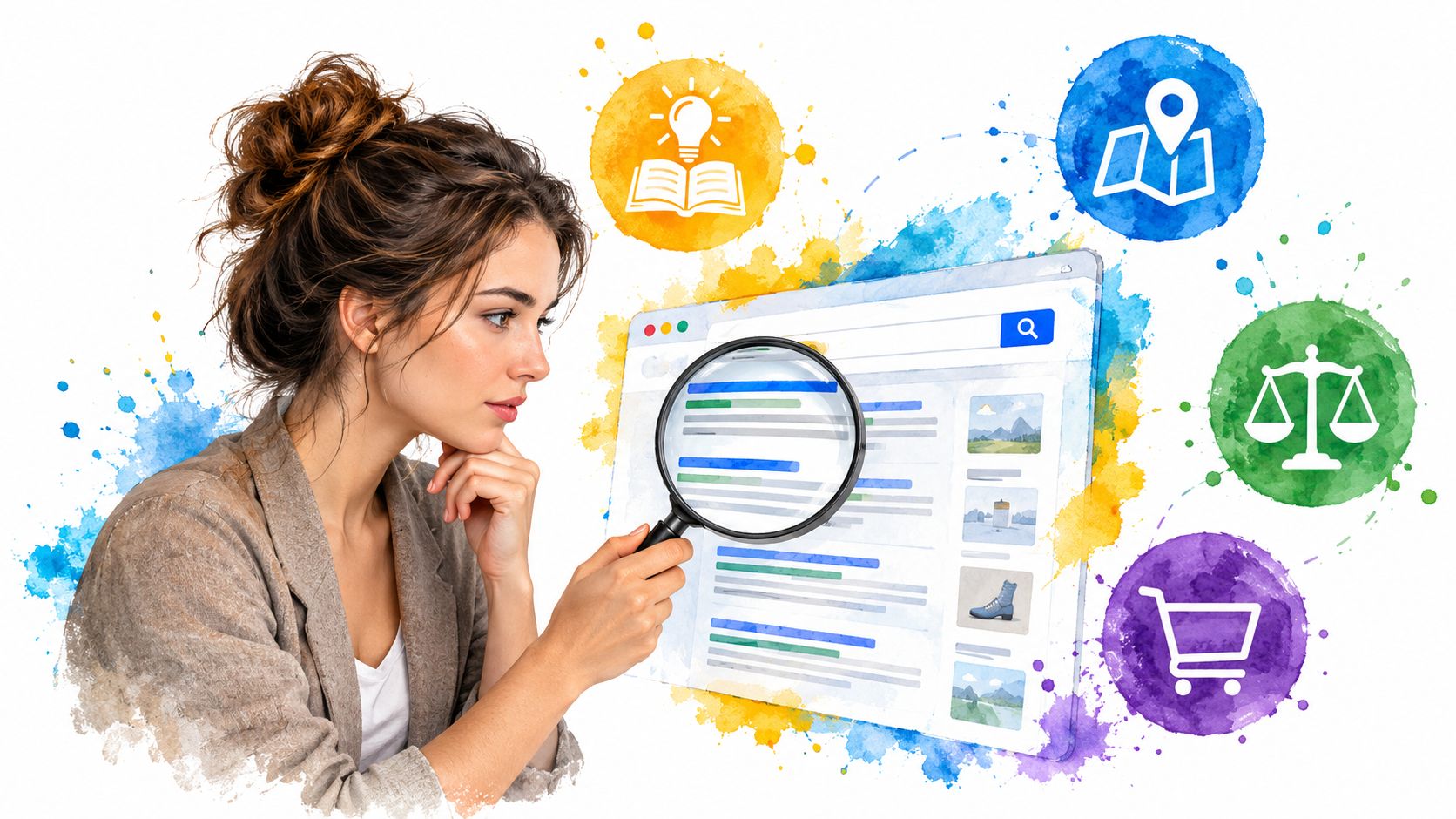 A woman looks through a magnifying glass at a digital search engine interface surrounded by colorful icons.