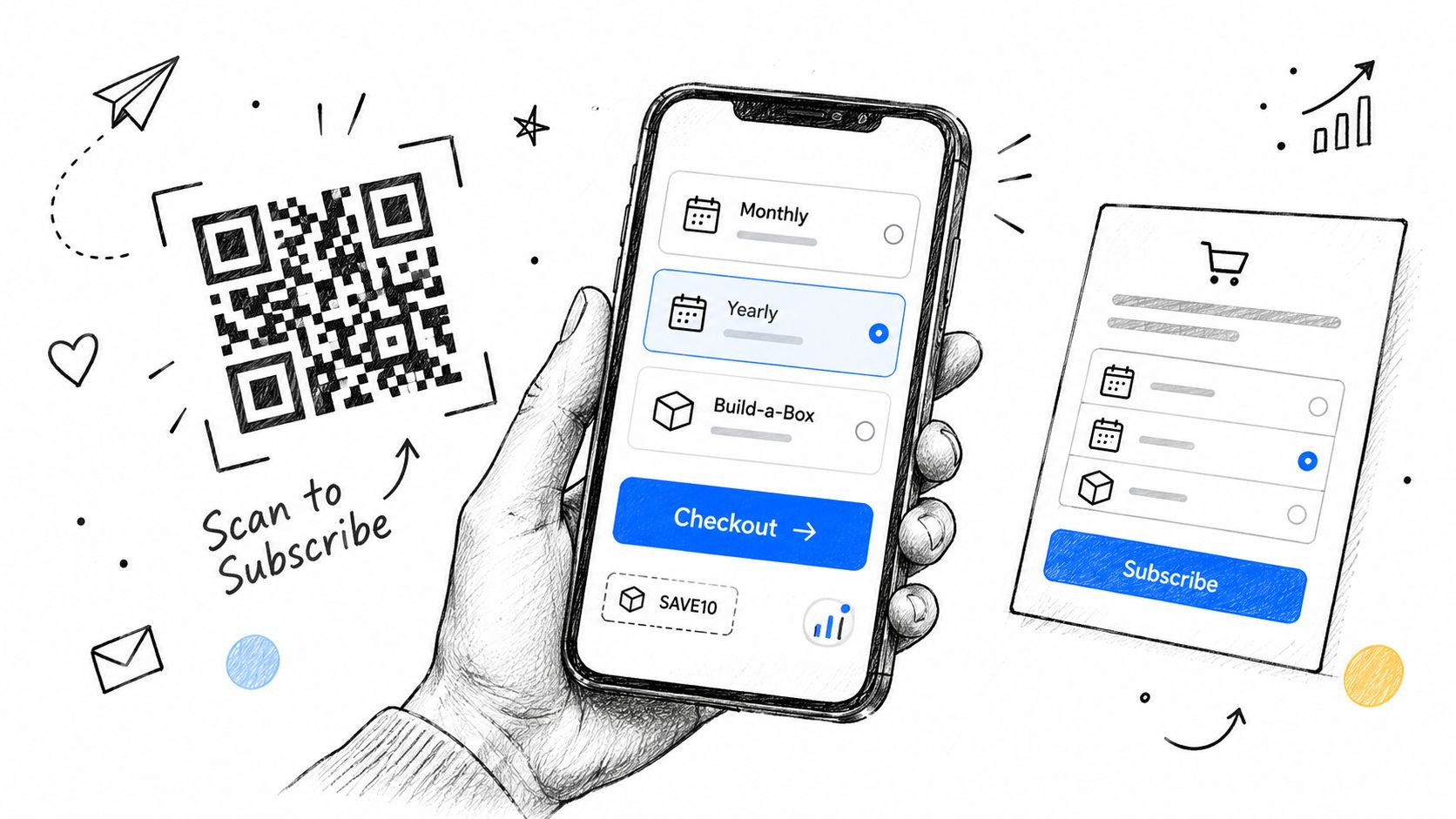 A hand holding a smartphone displaying subscription options next to a QR code for scanning to subscribe.