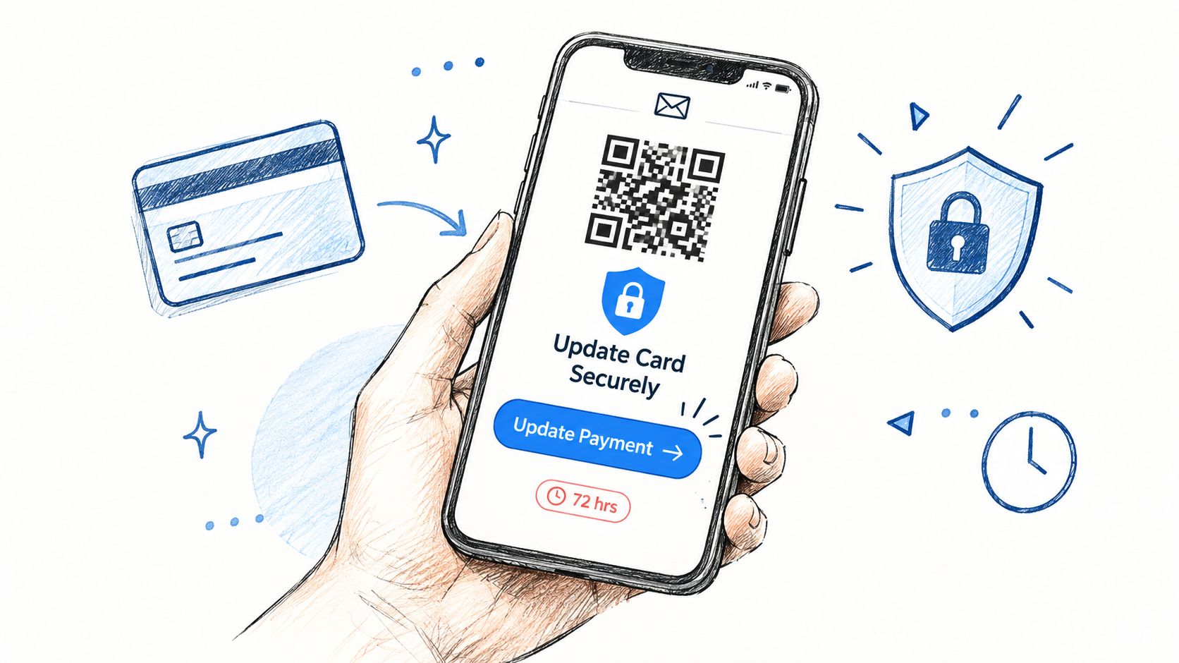 A smartphone held in a hand showing a QR code for secure credit card payment updates.