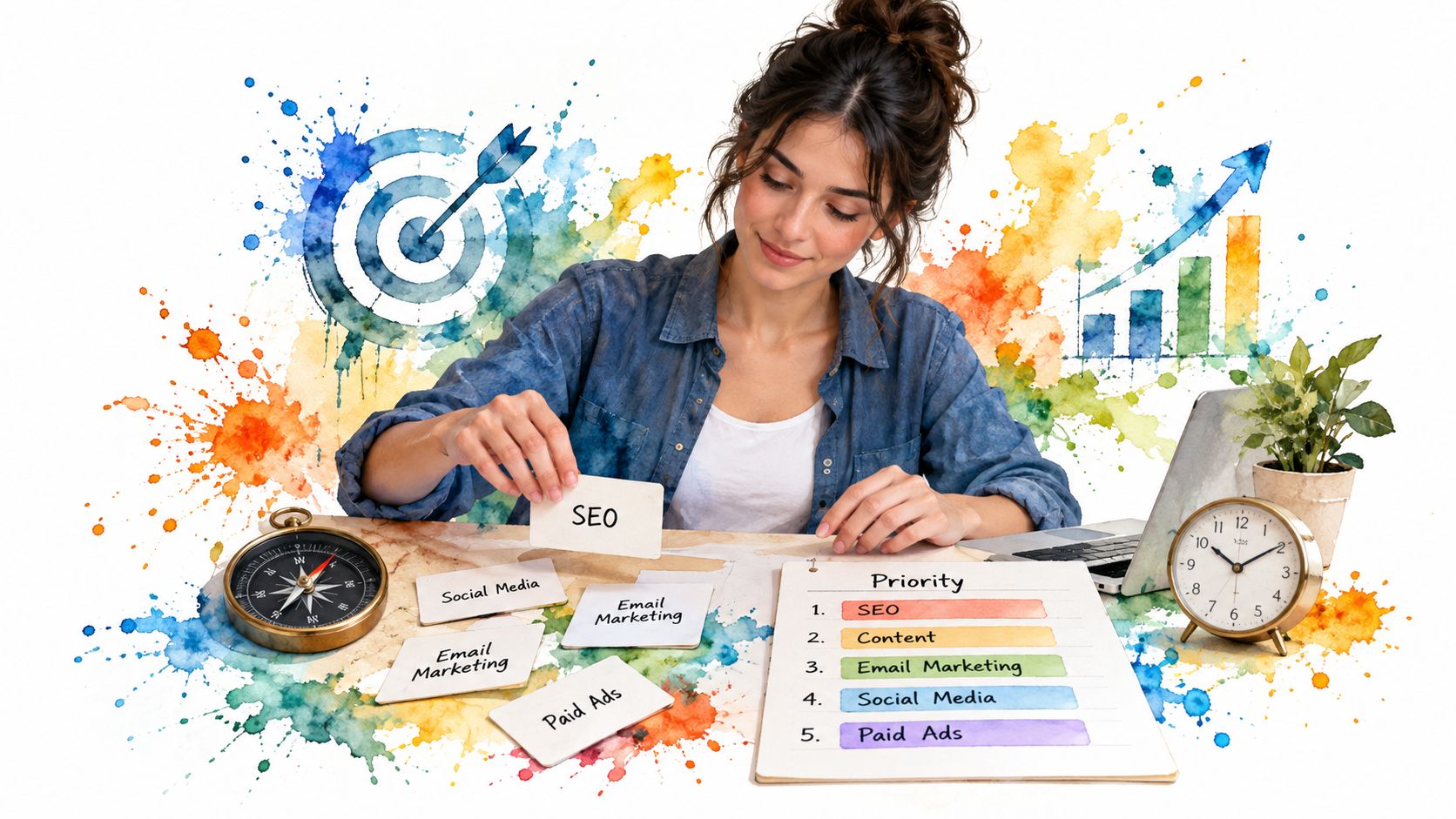 A woman organizing marketing priority cards including SEO, Content, and Social Media strategies at her desk.