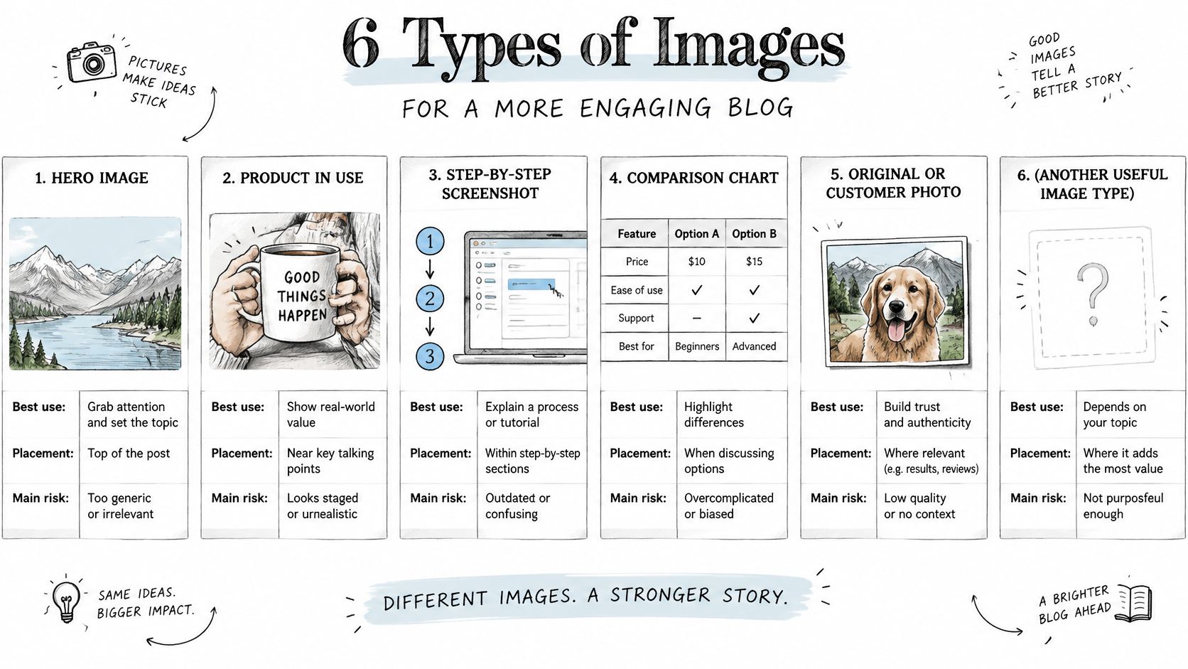 A visual guide outlining six effective types of images to enhance blog posts and increase user engagement.