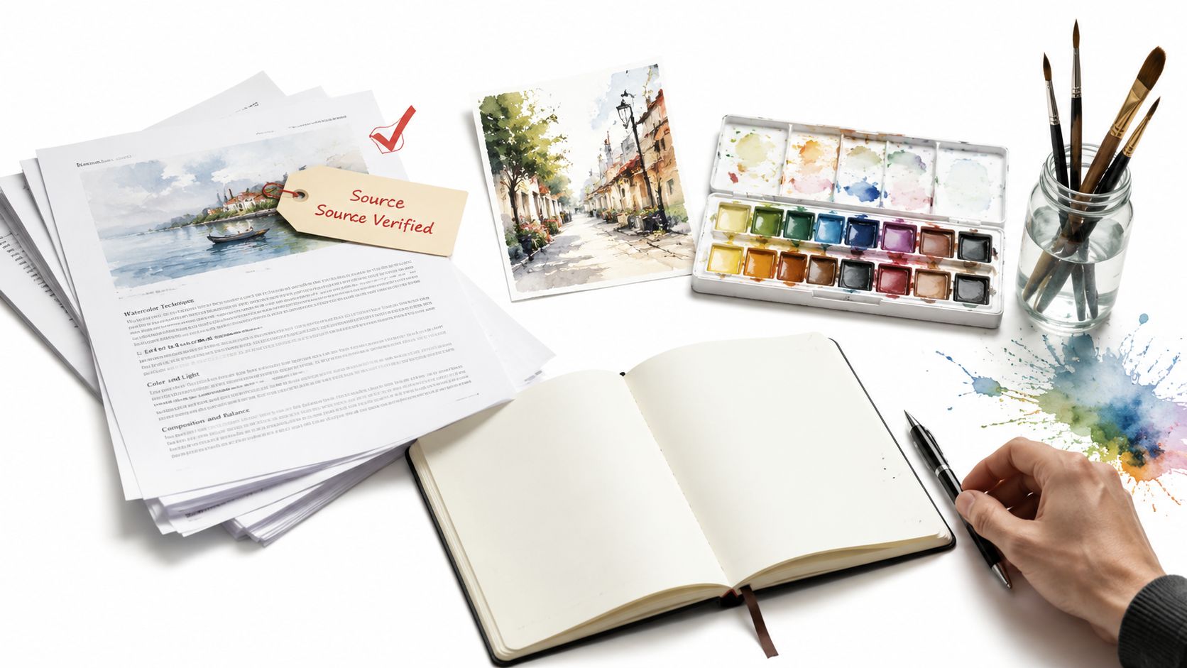A professional artist workspace featuring watercolors, brushes, a notebook, and documents on a white desk.
